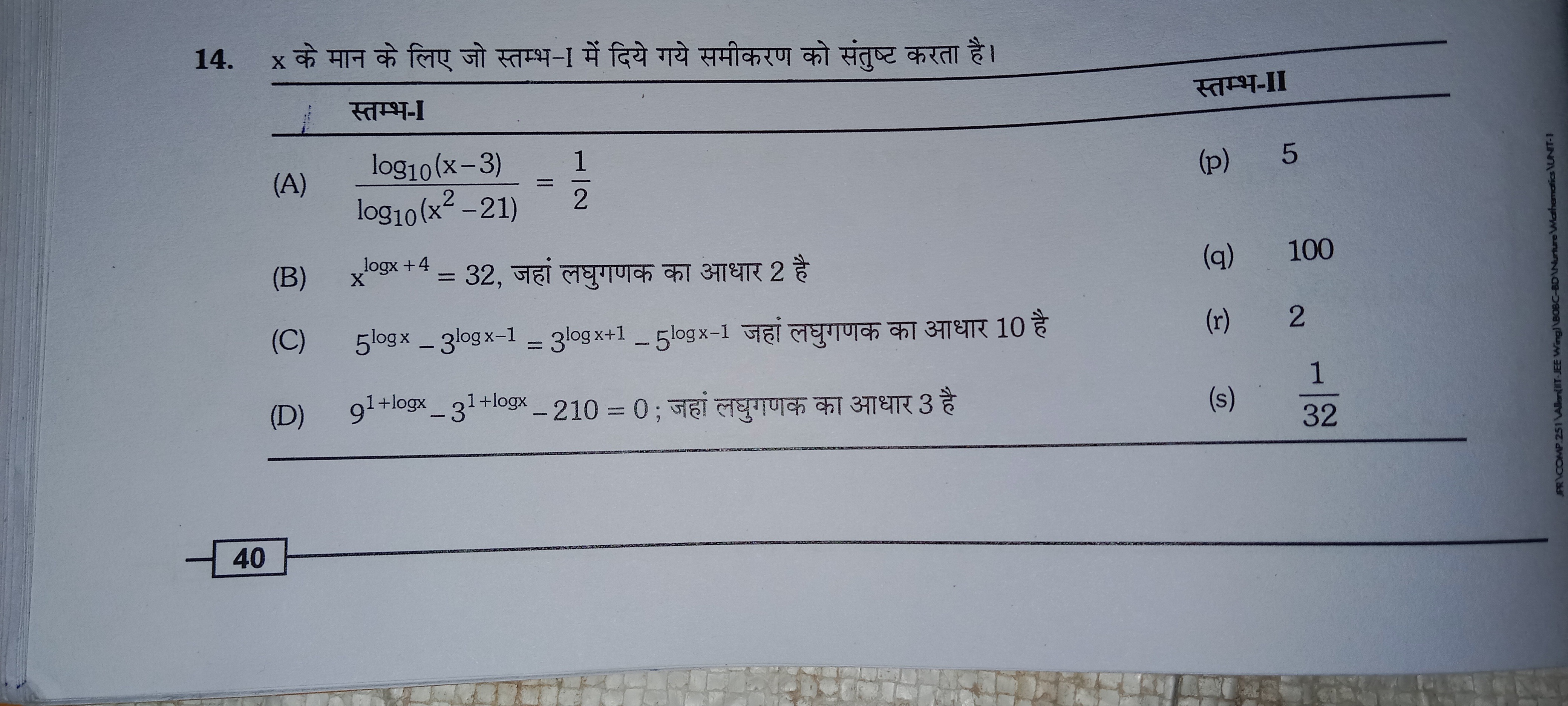 14. x के मान के लिए जो स्तम्भ-I में दिये गये समीकरण को संतुष्ट करता है