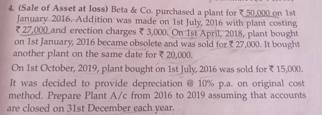 4. (Sale of Asset at loss) Beta \& Co. purchased a plant for ₹ 50,000 