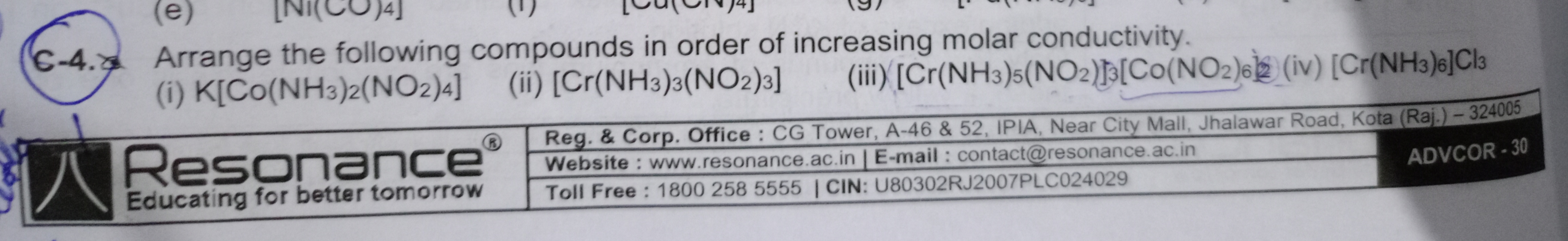 c-4. Arrange the following compounds in order of increasing molar cond