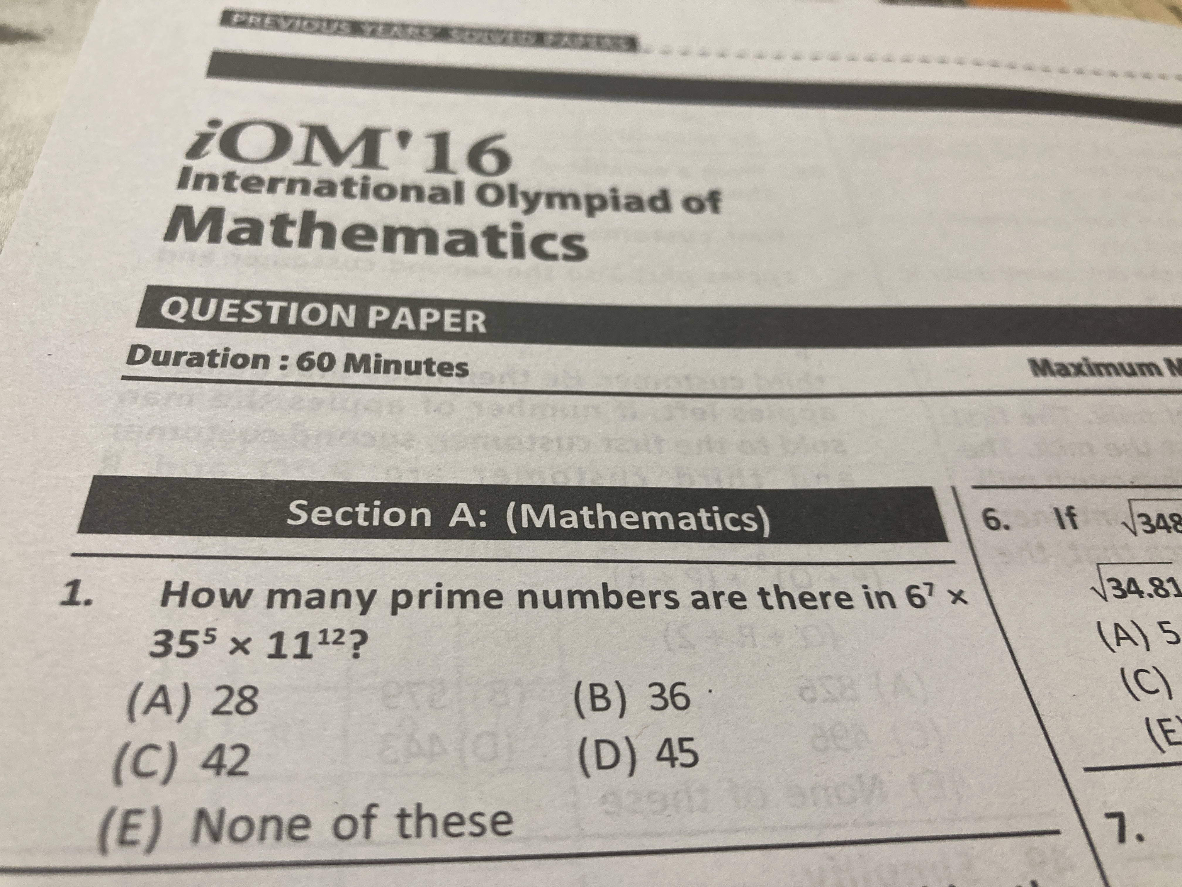 iOM'16 International Olympiad of Mathematics QUESTION PAPER Duration :