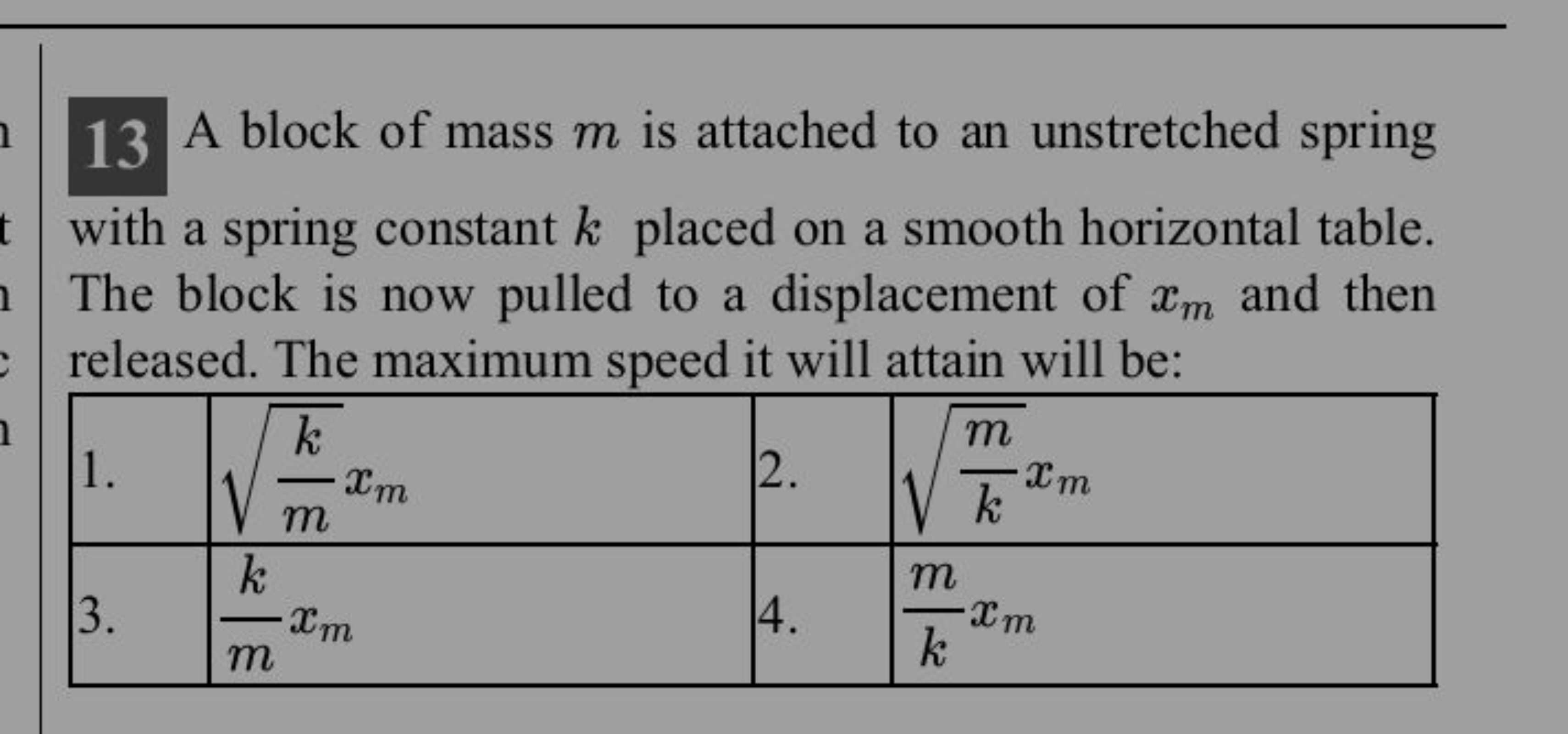 13 A block of mass m is attached to an unstretched spring with a sprin