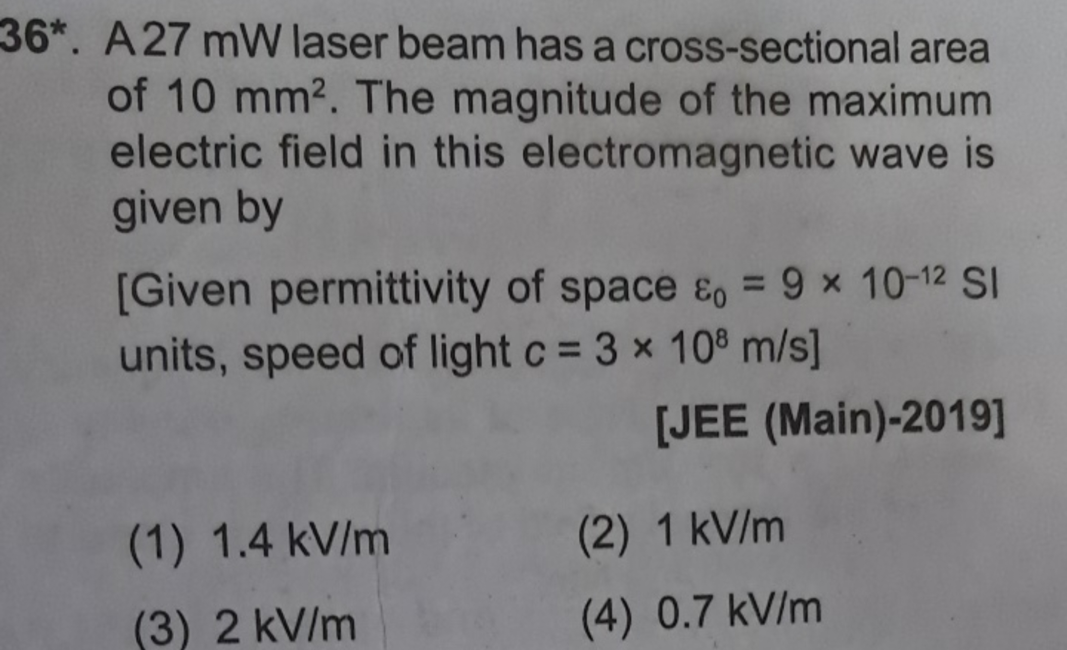 36*. A 27 mW laser beam has a cross-sectional area of 10 mm2. The magn