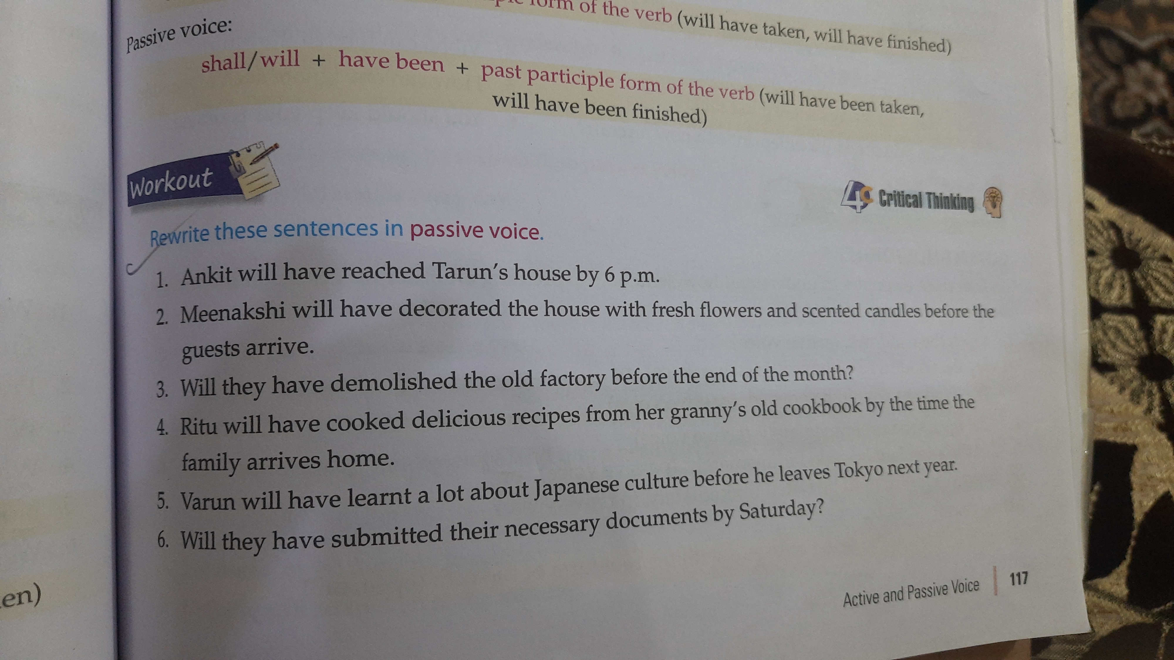 en)
Passive voice:
of the verb (will have taken, will have finished)
s