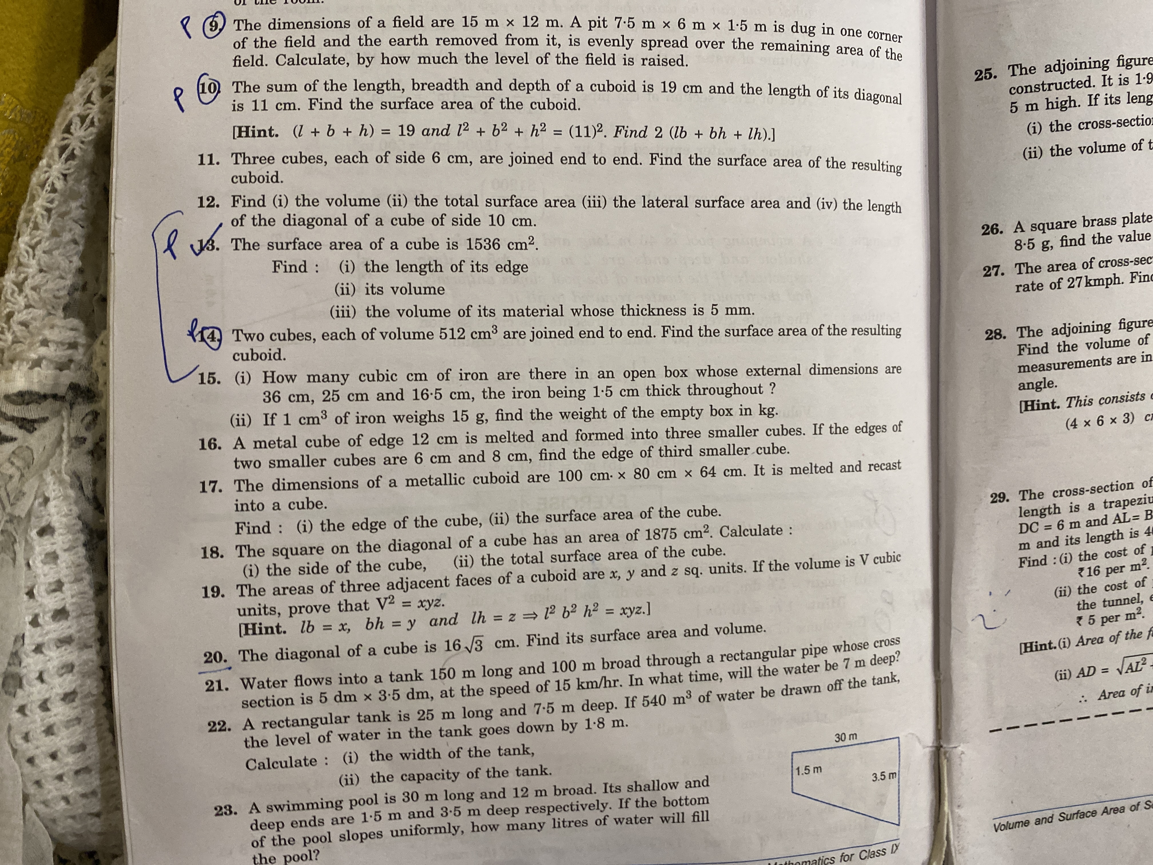 8(9) The dimensions of a field are 15 m×12 m. A pit 7.5 m×6 m×1.5 m is