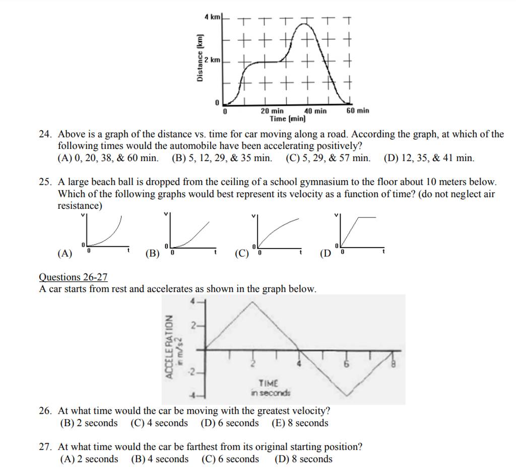 (D Questions 26-27 A car starts from rest and accelerates as shown in 