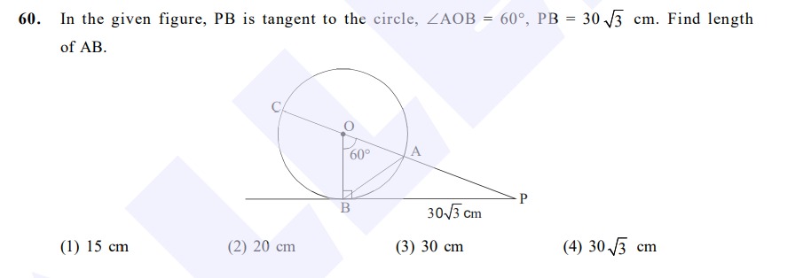 In the given figure, PB is tangent to the circle, ∠AOB=60∘,PB=303​ cm.