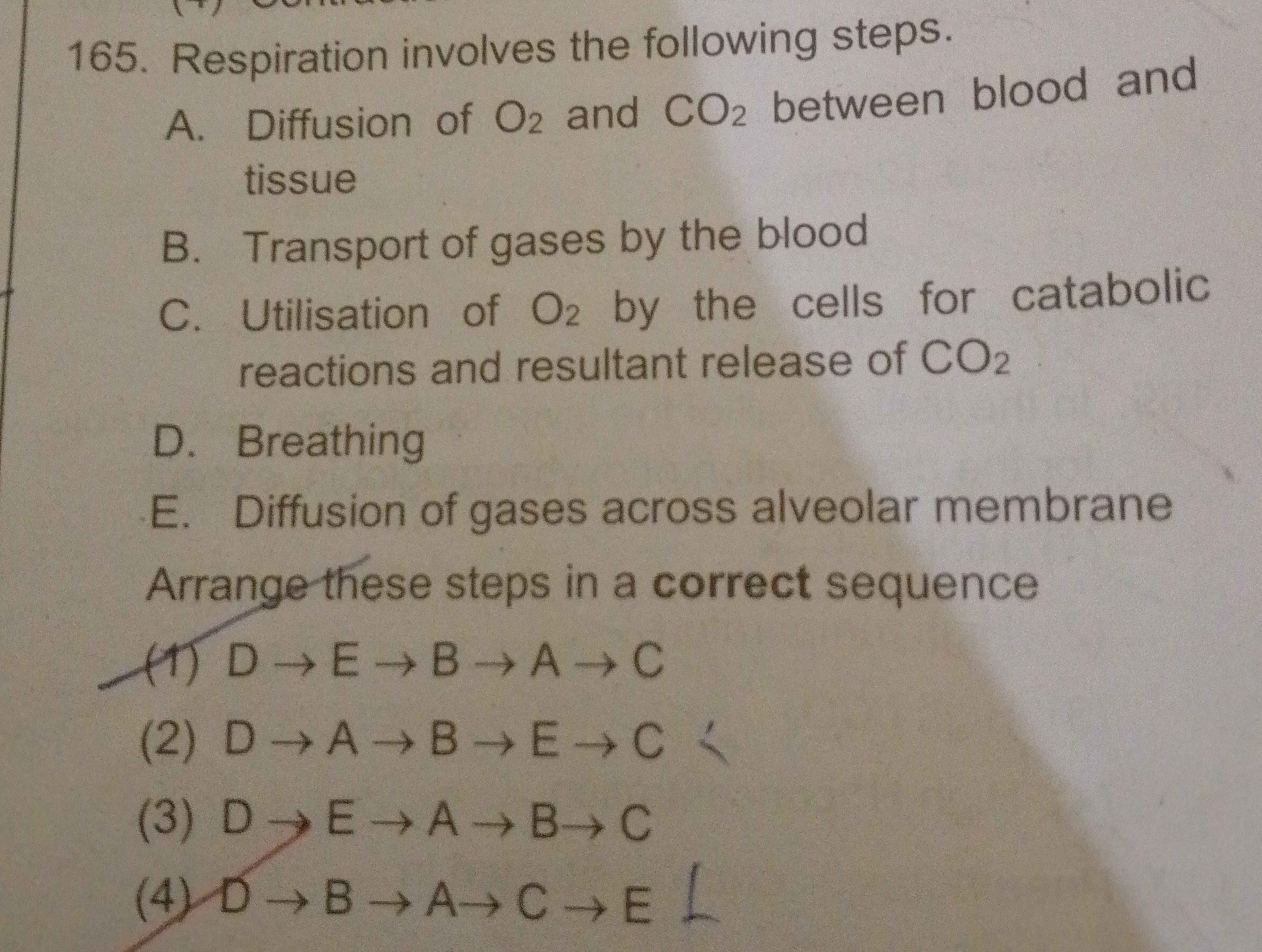Respiration involves the following steps. A. Diffusion of O2​ and CO2​
