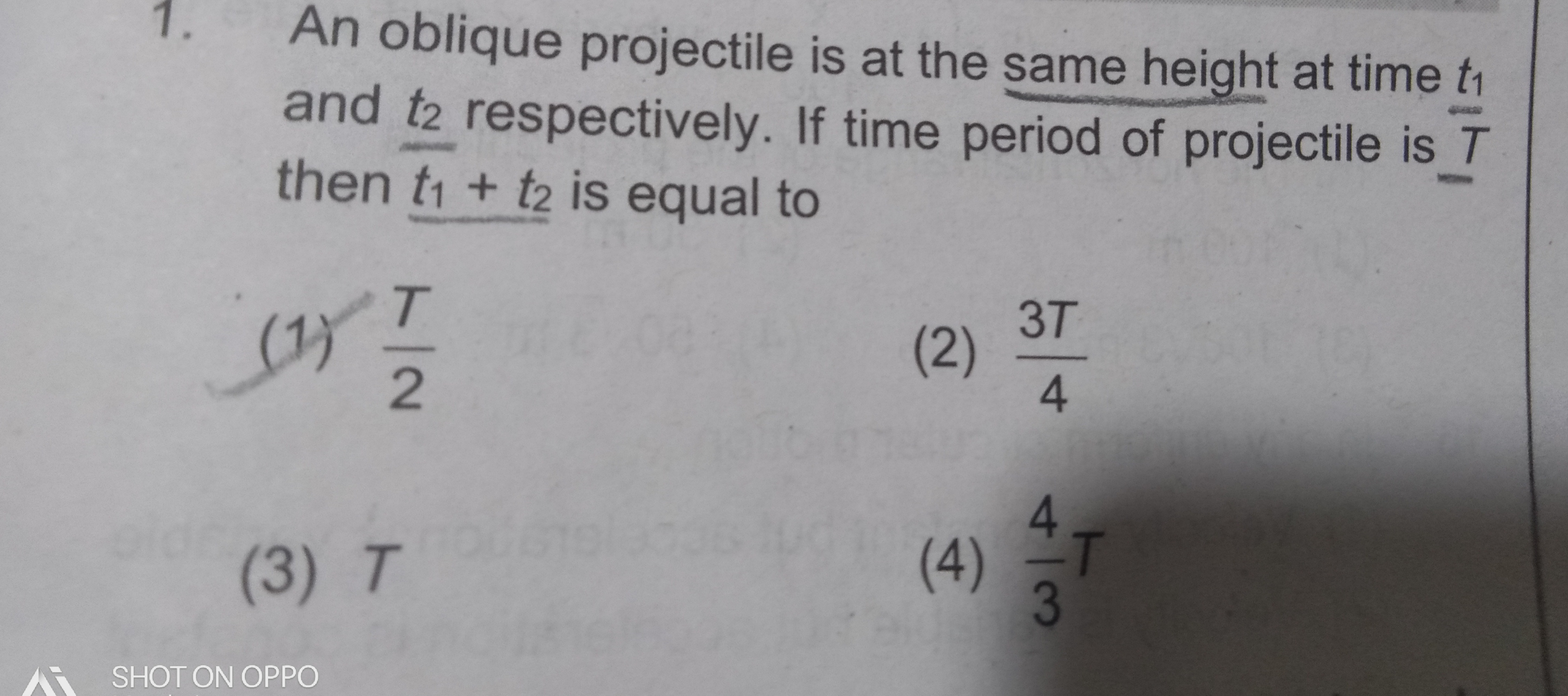 An oblique projectile is at the same height at time t1​ and t2​ respec