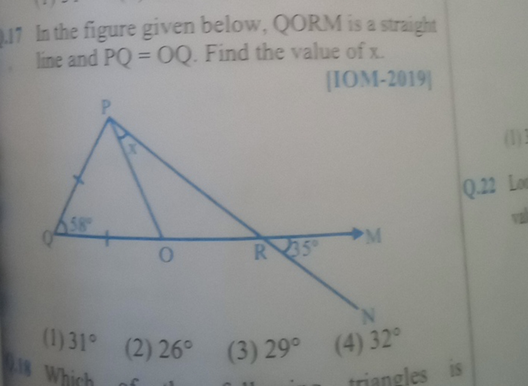 In the figure given below, QORM is a straight line and PQ=OQ. Find the