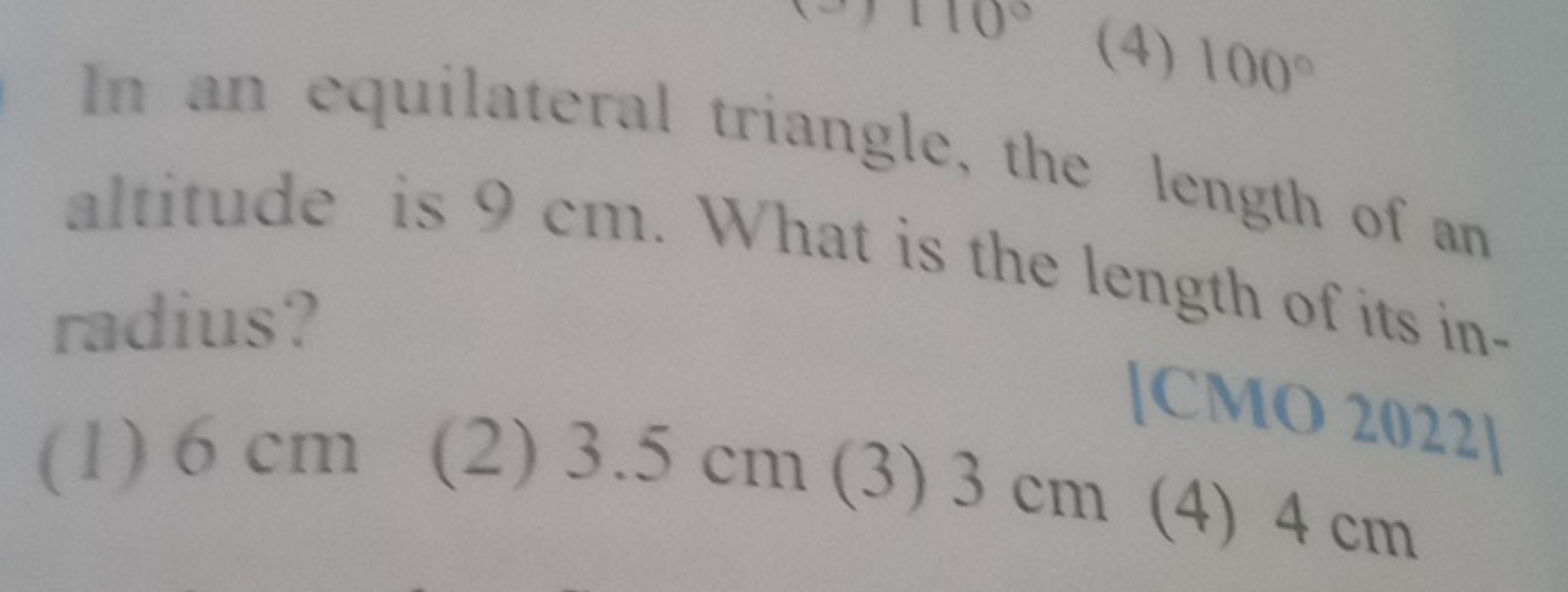 (4) 100∘

In an equilateral triangle, the length of an altitude is 9 c