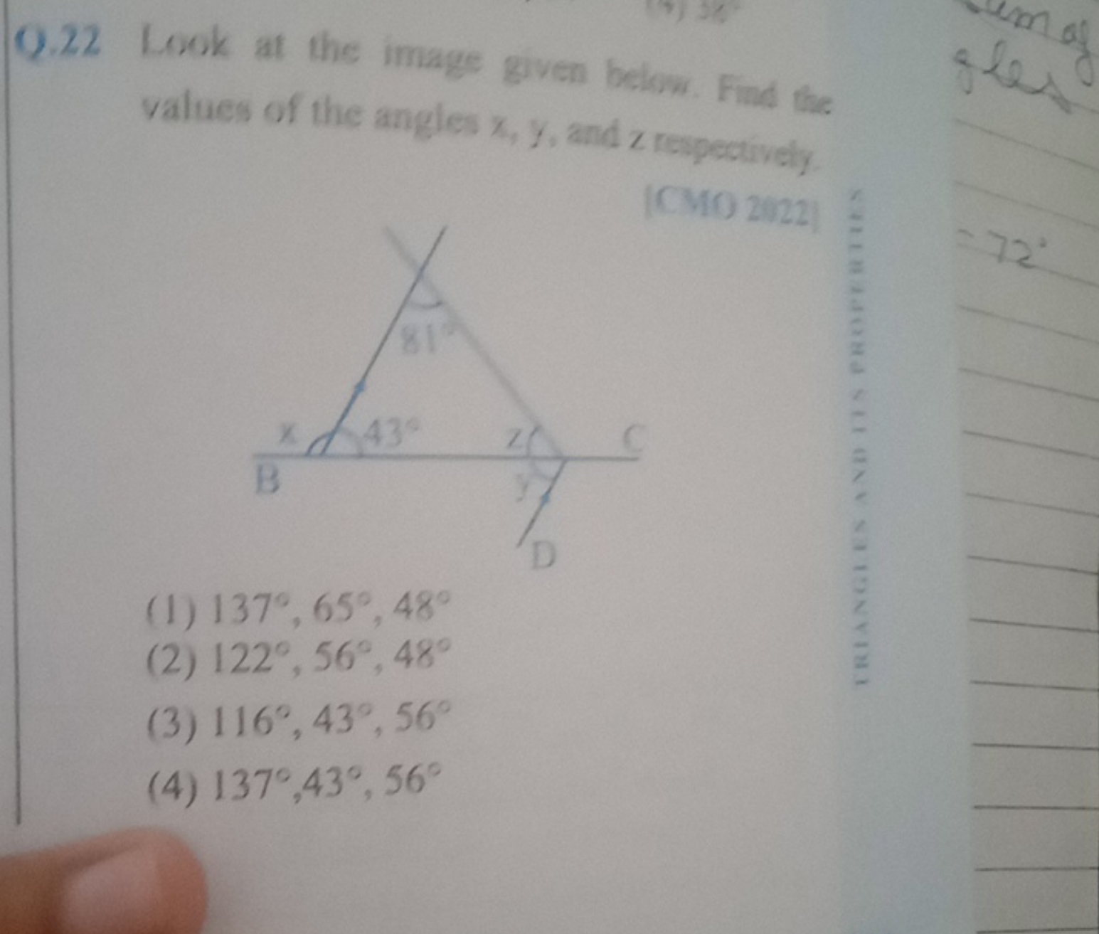 Q. 22 Look at the image given below. Find the values of the angles x,y