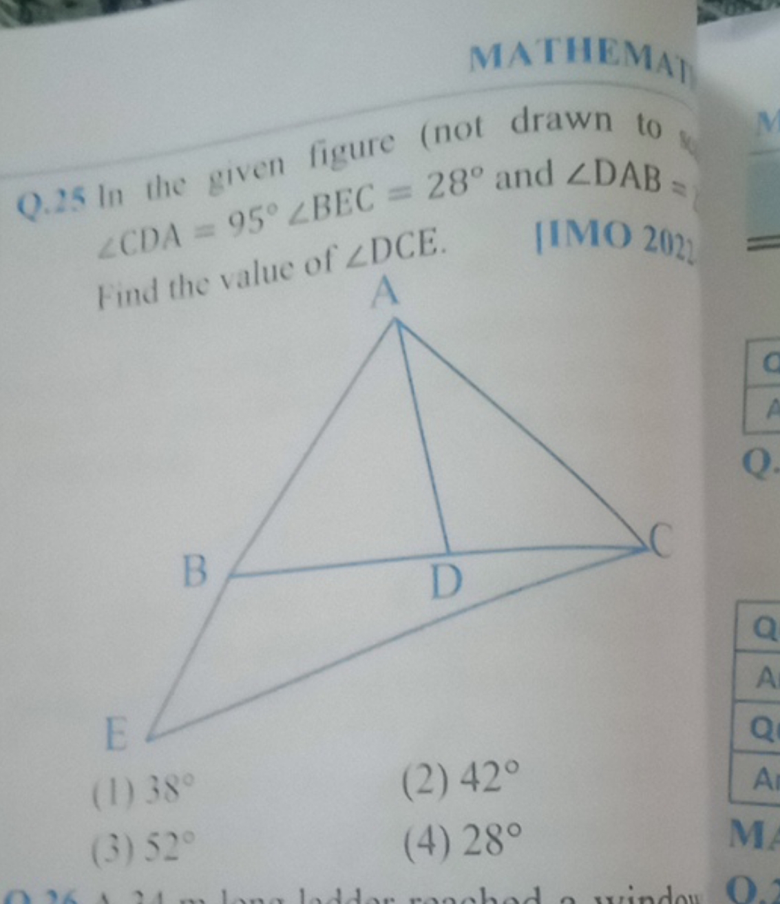 MATHEMAI
Q. 25 in the given ligure (not drawn to ∠CDA=95∘∠BEC=28∘ and 