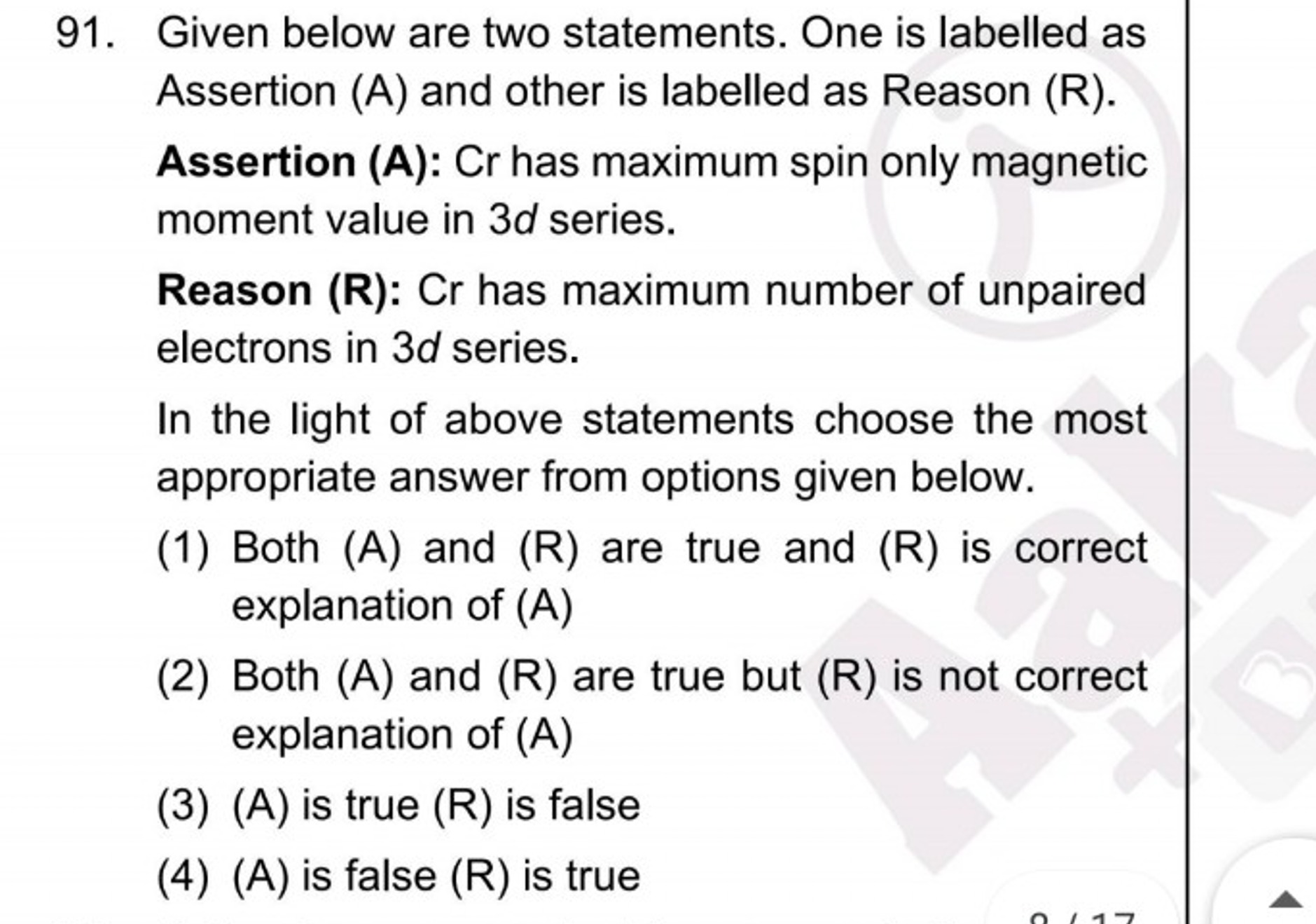 Given below are two statements. One is labelled as Assertion (A) and o