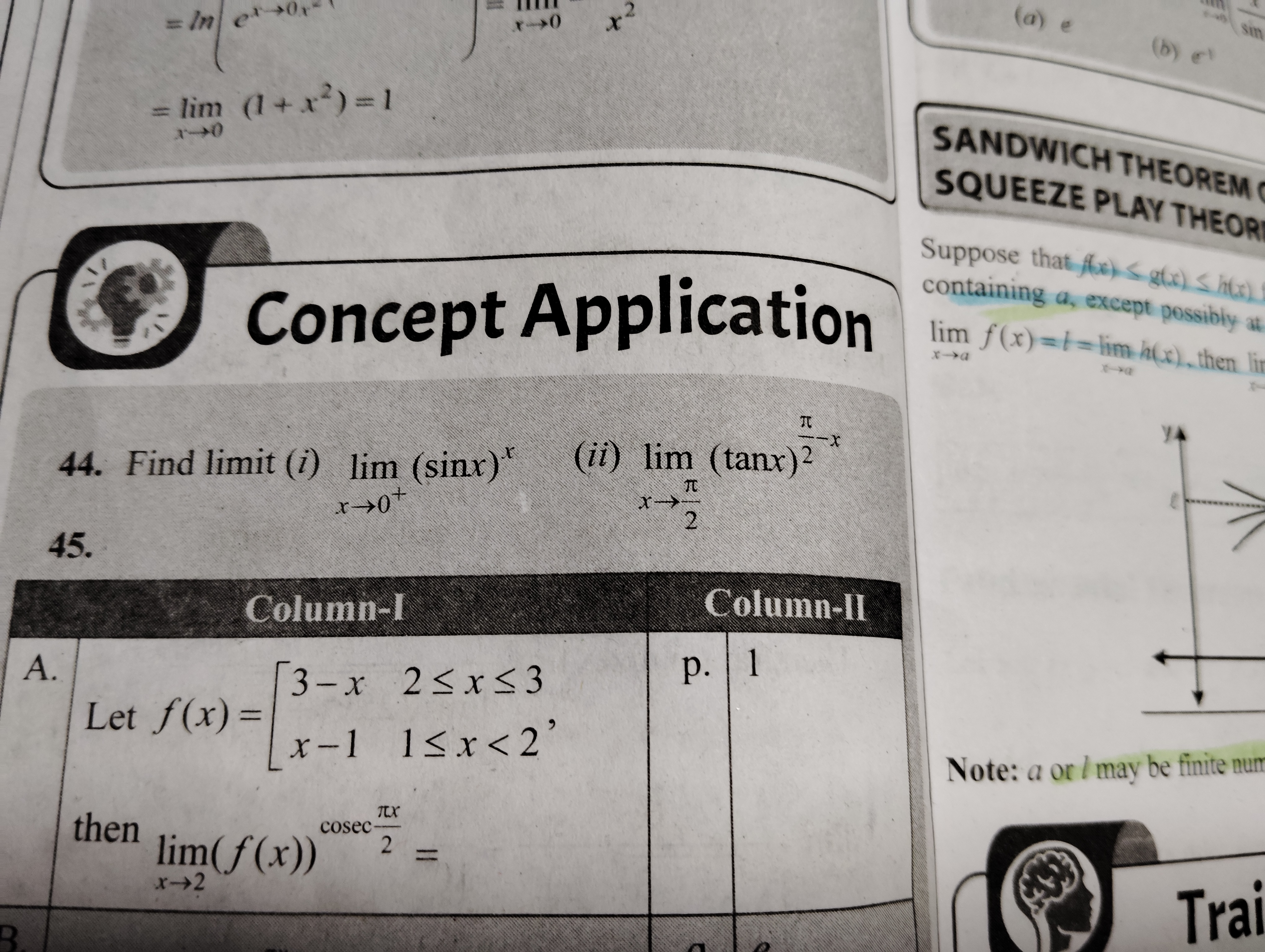 Concept Application
44. Find limit (i)limx→0+​(sinx)x 45.
=limx→0​(1+x