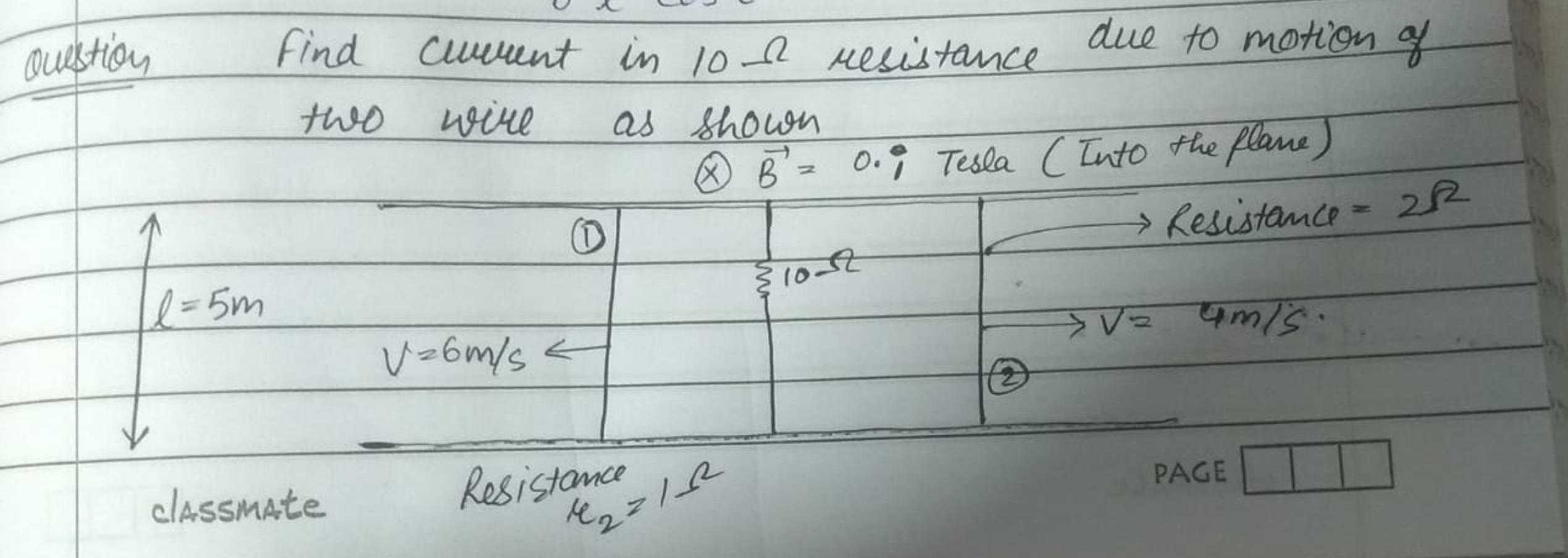 Question Find current in 10Ω resistance due to motion of the wire as s