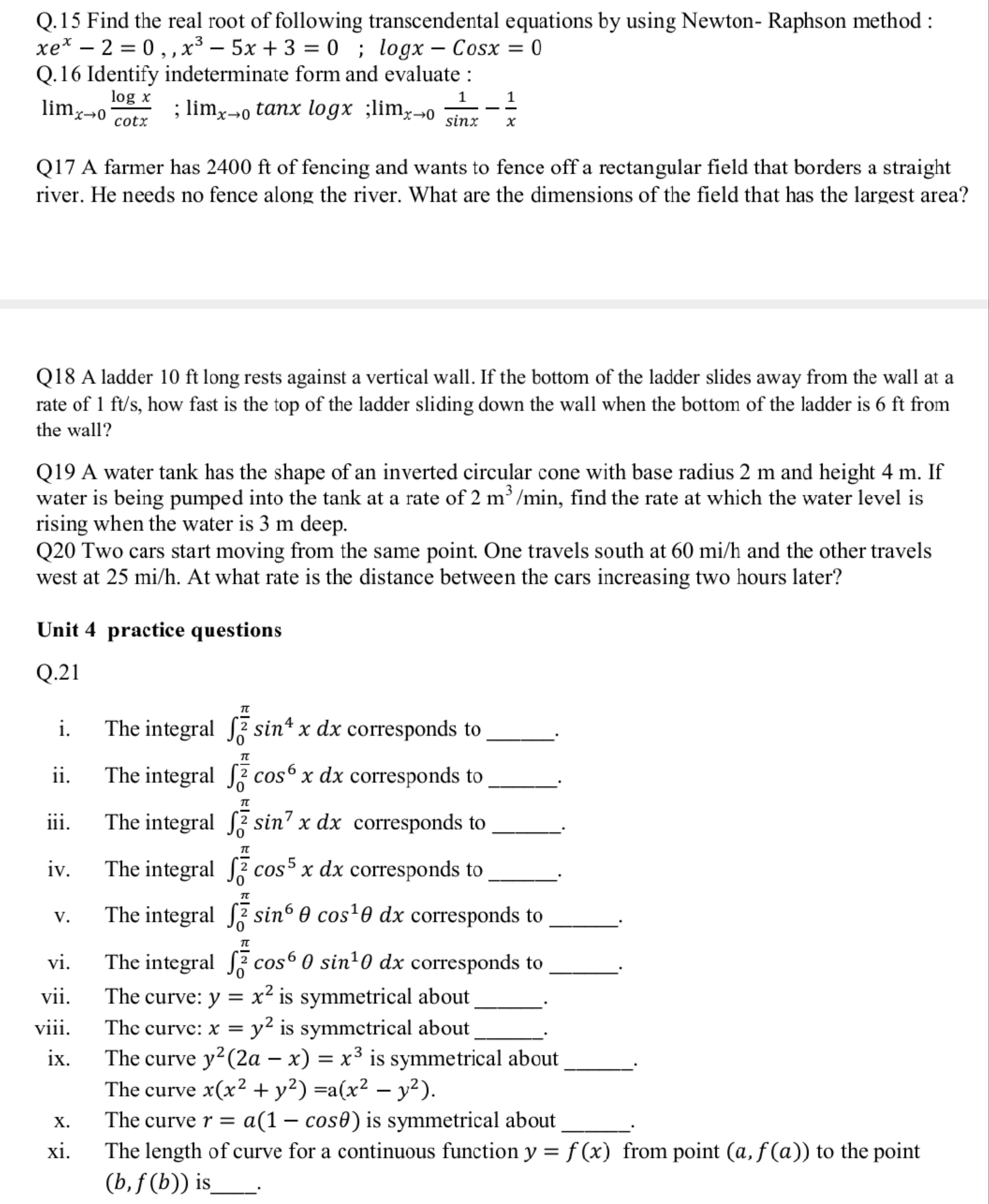 Q.15 Find the real root of following transcendental equations by using