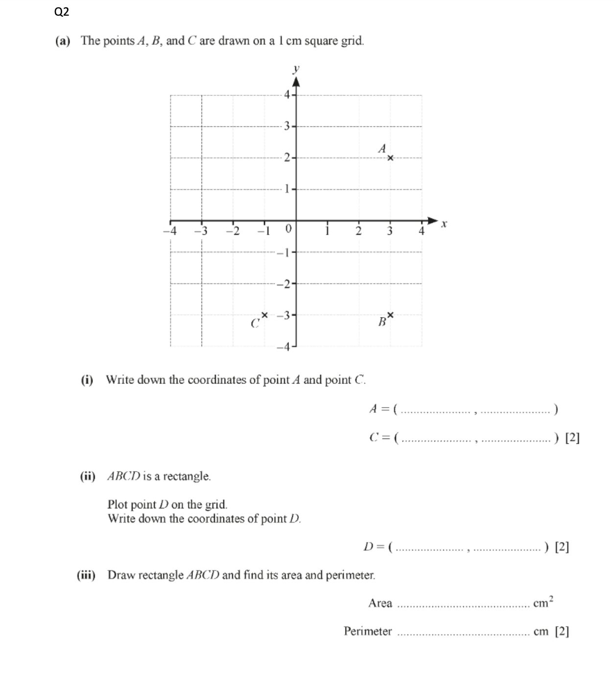 Q2
(a) The points A,B, and C are drawn on a 1 cm square grid.
(i) Writ