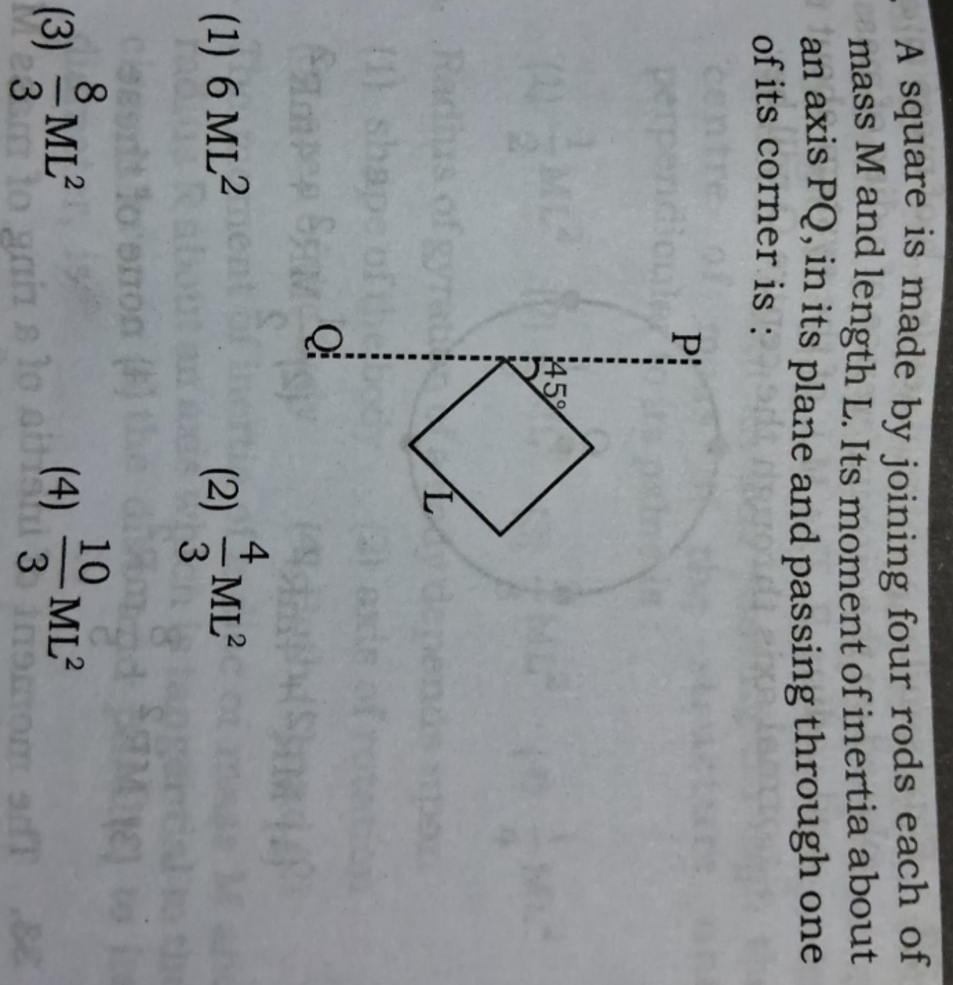 A square is made by joining four rods each of mass M and length L. Its