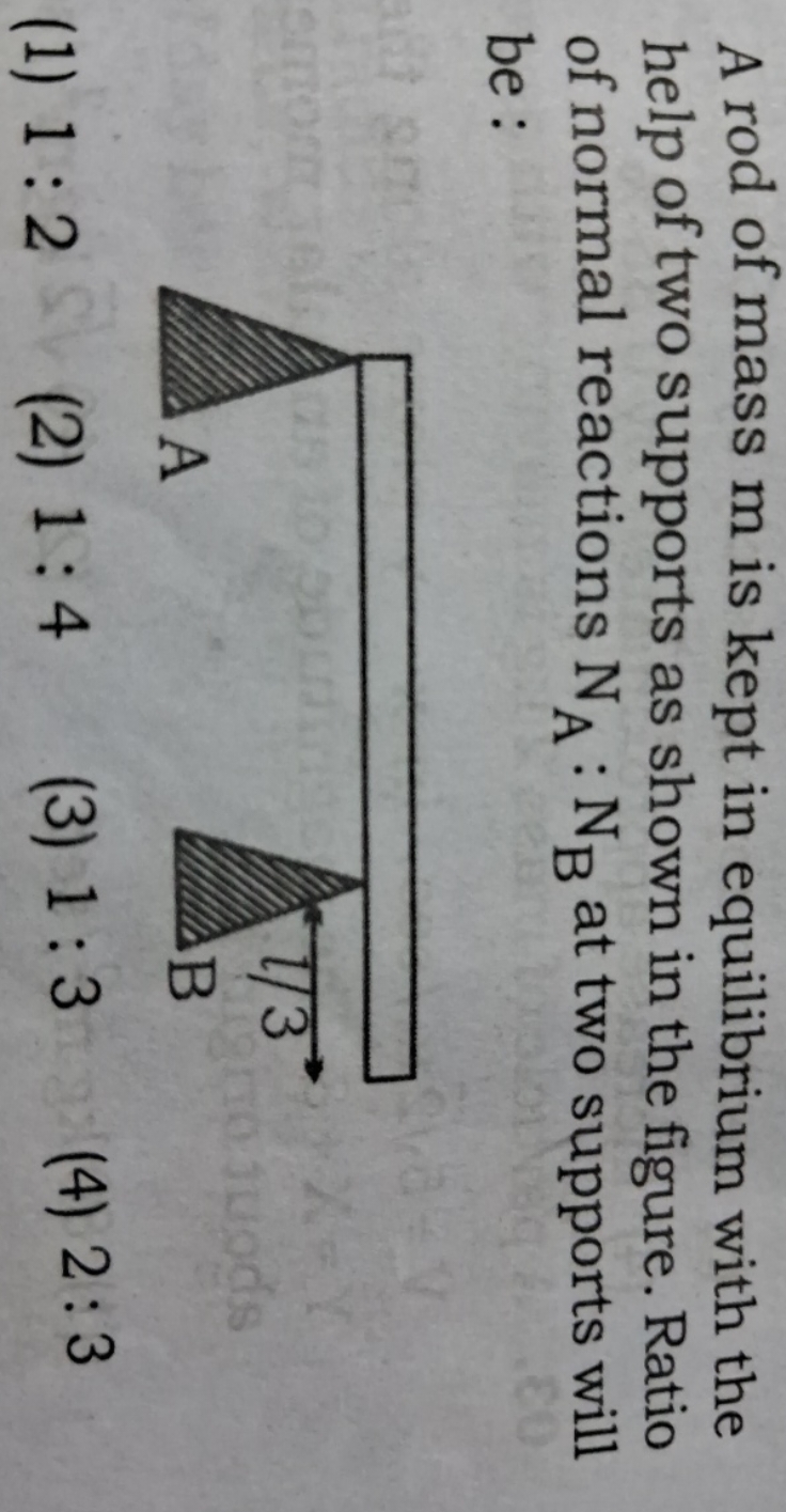 A rod of mass m is kept in equilibrium with the help of two supports a