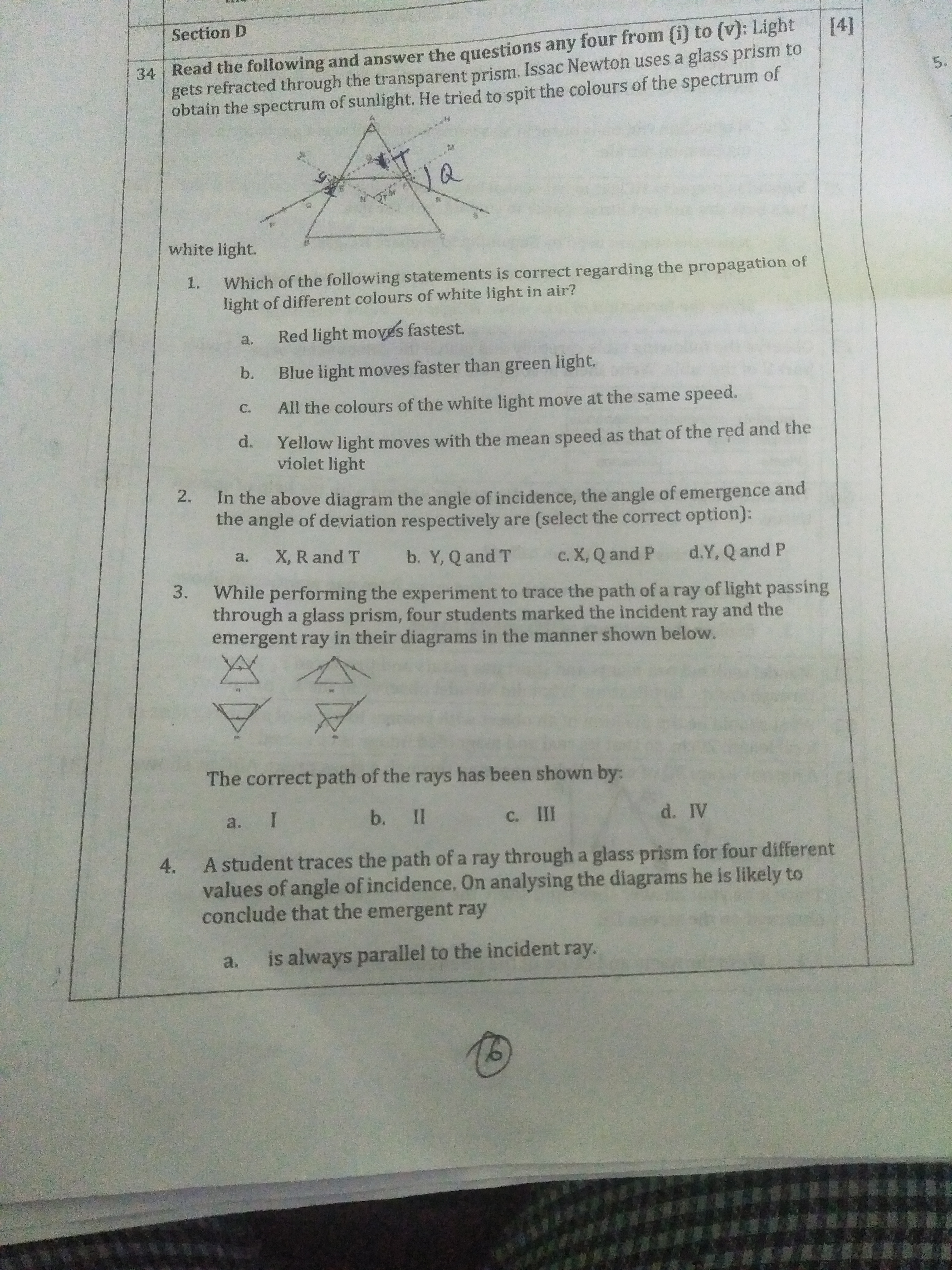 A student traces the path of a ray through a glass prism for four diff