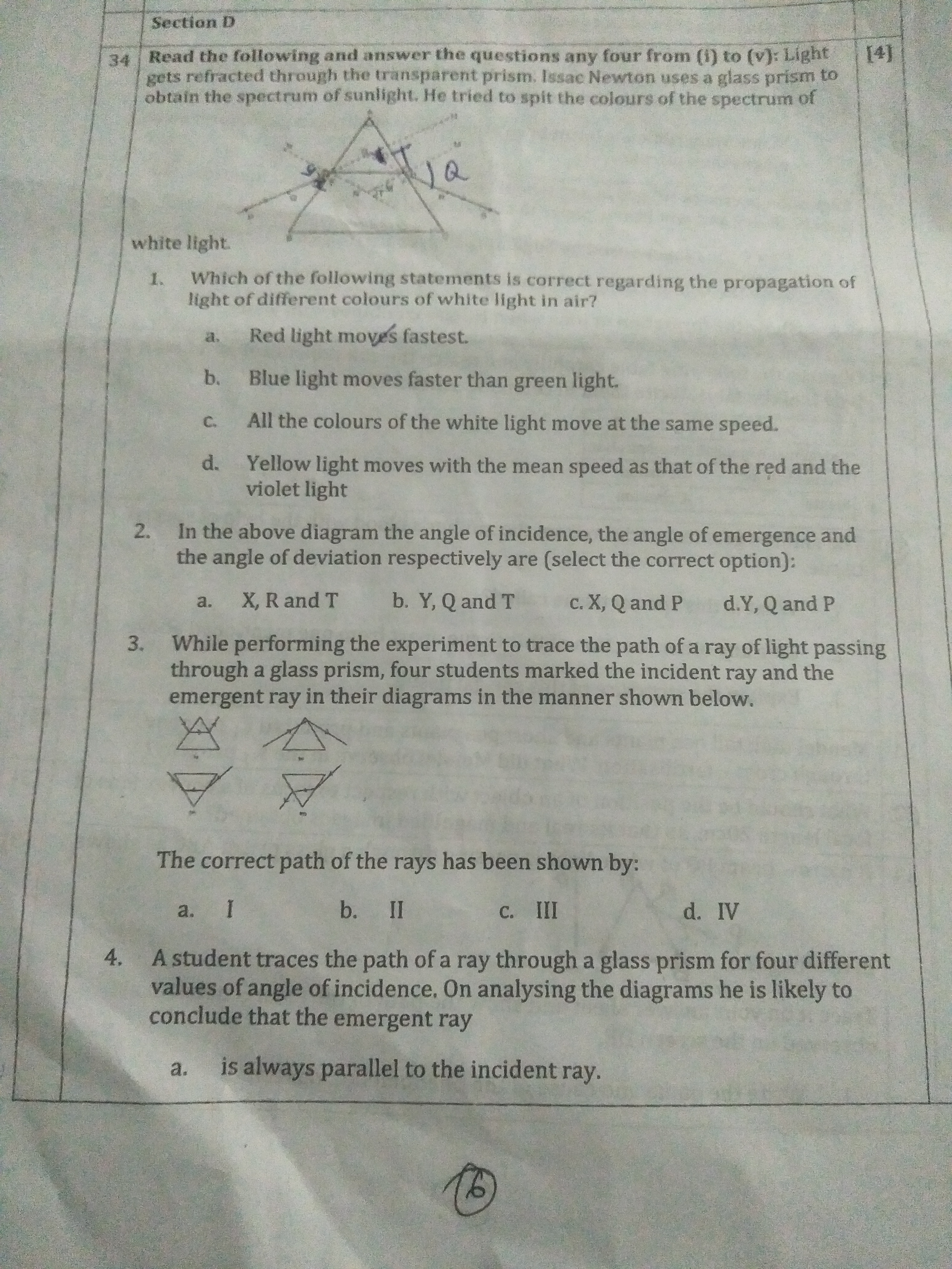 Section D 34 Read the following and answer the questions any four from