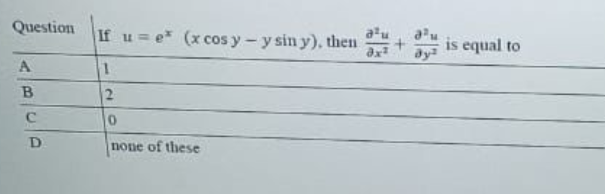 QuestionIf u=ex(xcosy−ysiny), then ∂x2∂2u​+∂y2∂2u​ is equal toA1B2C0Dn