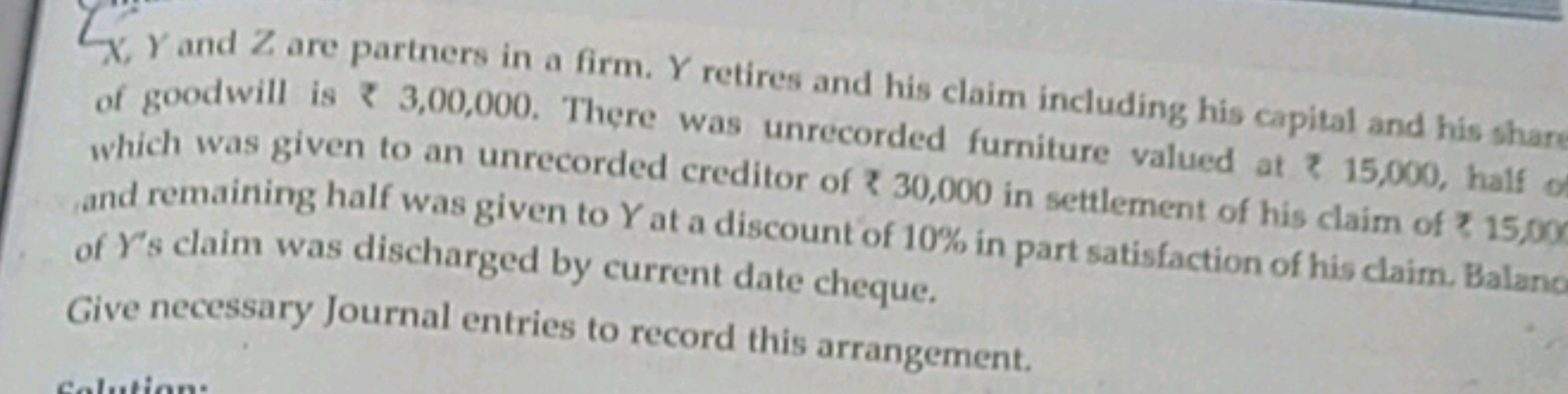 X,Y and Z are partners in a firm. Y retires and his claim including hi