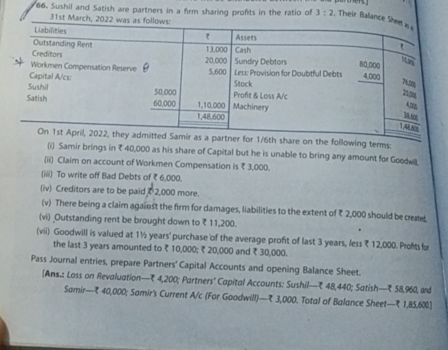 66. Sushil and Satish are partners in a firm sharing profits in the ra