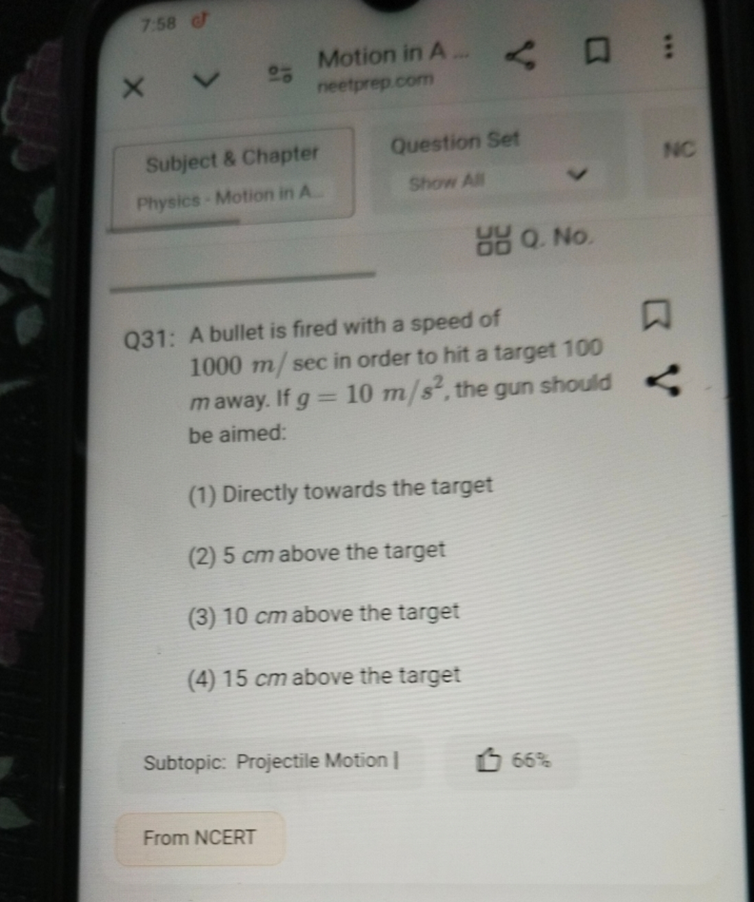 7.58
∵
Motion in A
neetprep com
Subject \& Chapter
Question Set
Physic