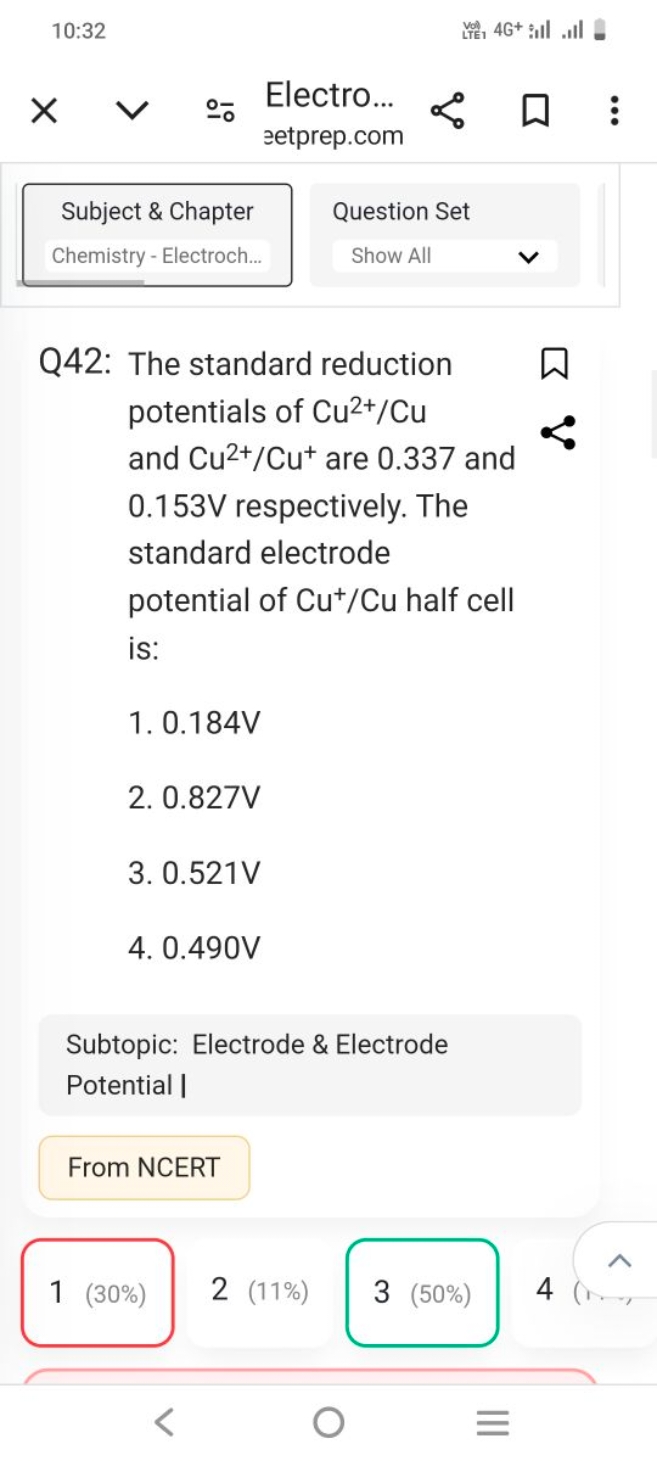 10:32
-- Electro...
3etprep.com
Subject \& Chapter
Question Set
Chemis