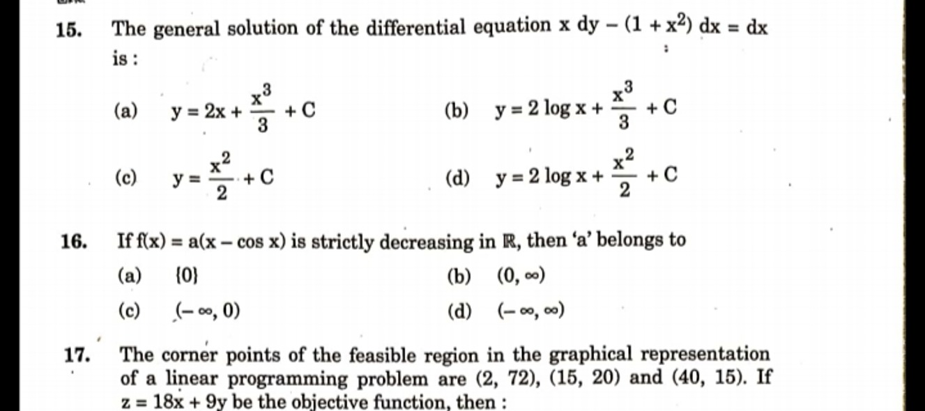 The general solution of the differential equation xdy−(1+x2)dx=dx is :