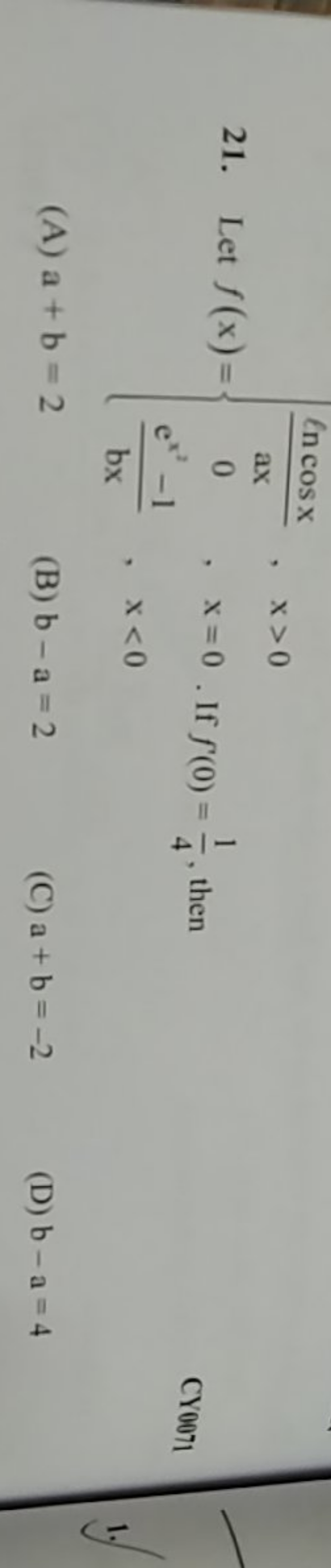 CY0071
(A) a+b=2
(B) b−a=2
(C) a+b=−2
(D) b−a=4