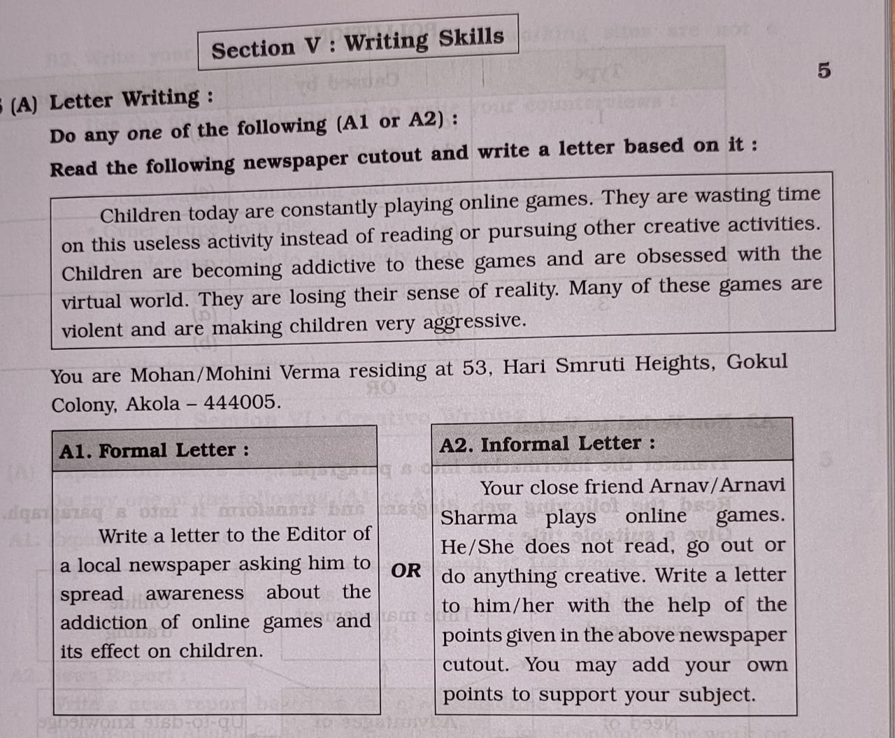 Section V : Writing Skills
(A) Letter Writing :
5
Do any one of the fo