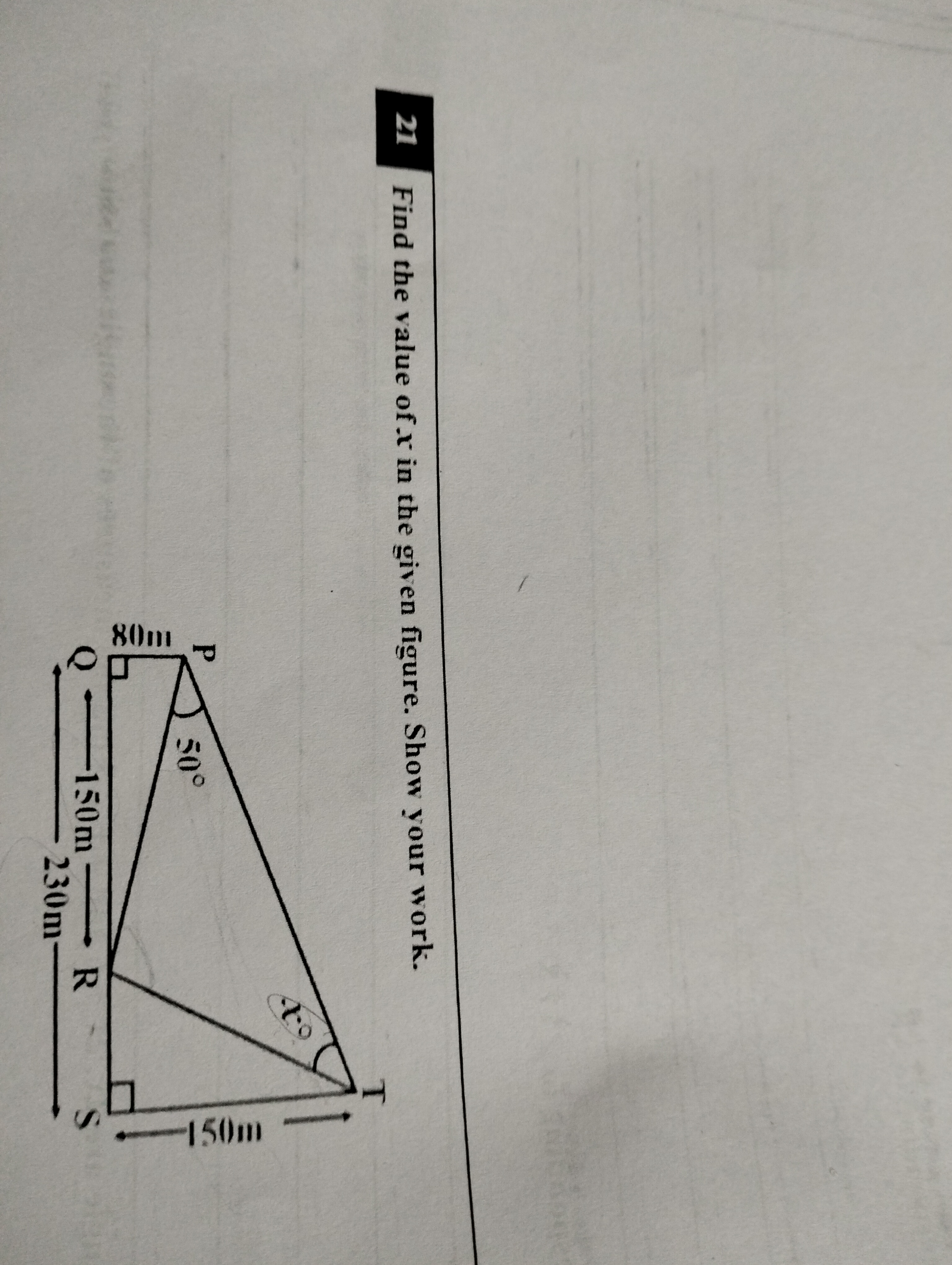 21
Find the value of.x in the given figure. Show your work.
P
1008
50°