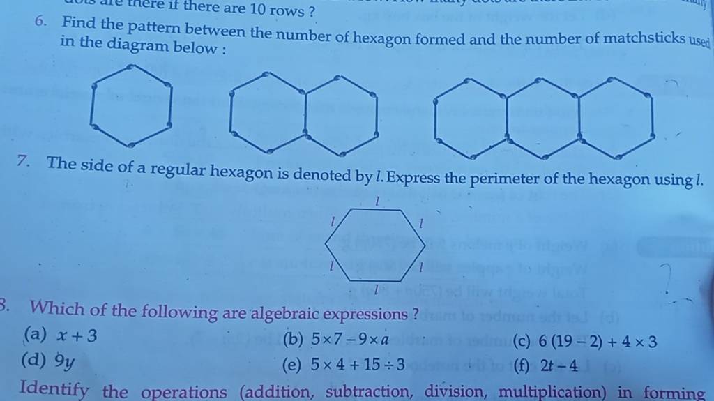 there are 10 rows ? 6. Find the pattern between the number of hexagon 