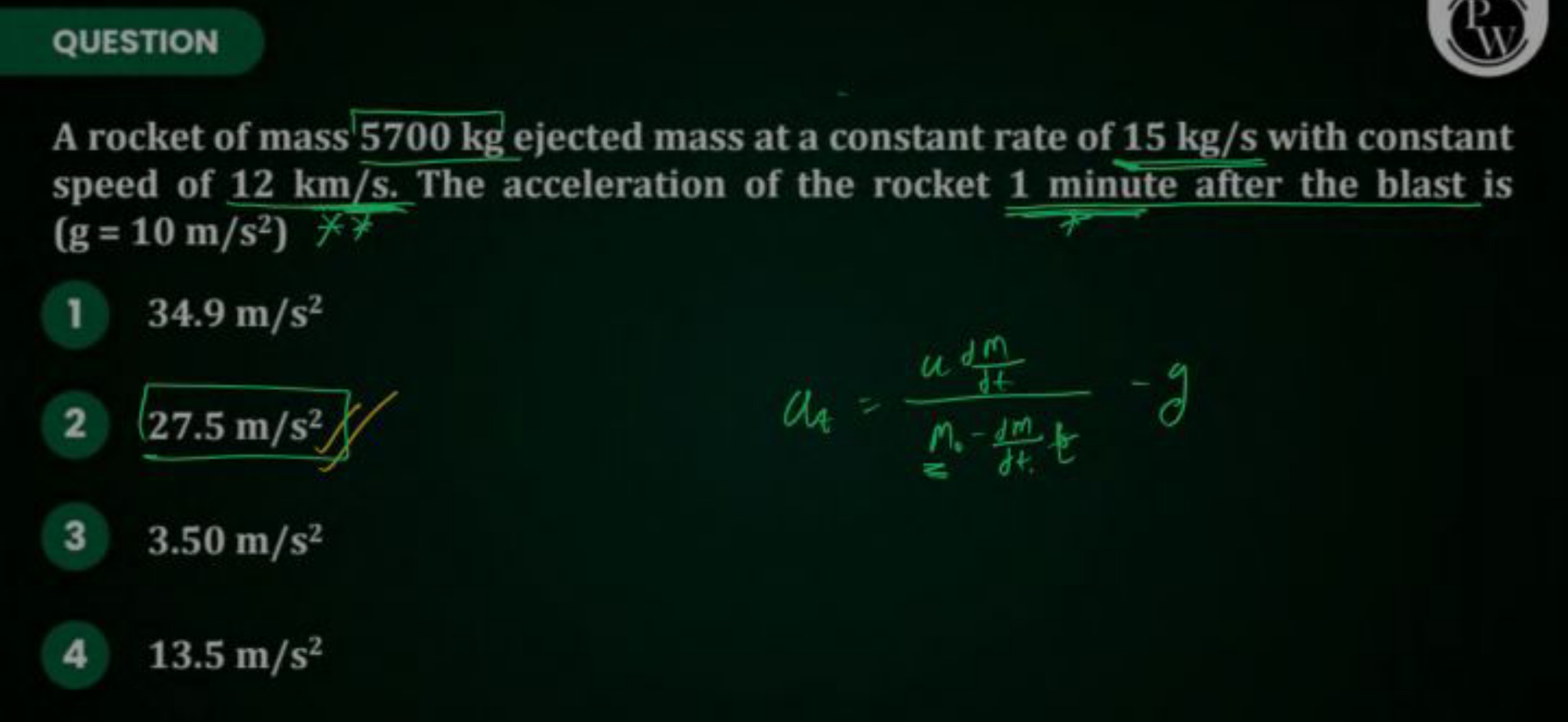 QUESTION
A rocket of mass 5700 kg ejected mass at a constant rate of 1