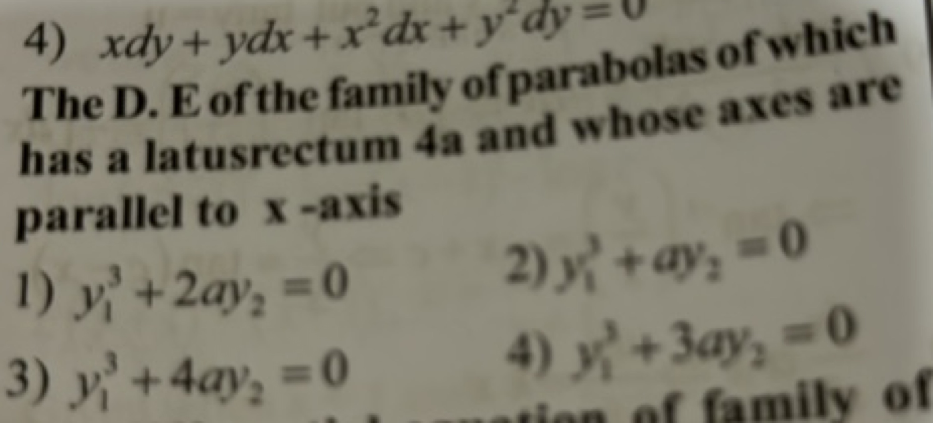 4) xdy+ydx+x2dx+y2dy=0

The D. E of the family of parabolas of which h