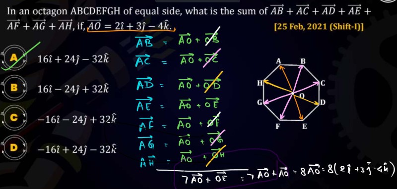 In an octagon ABCDEFGH of equal side, what is the sum of AB+AC+AD+AE+ 