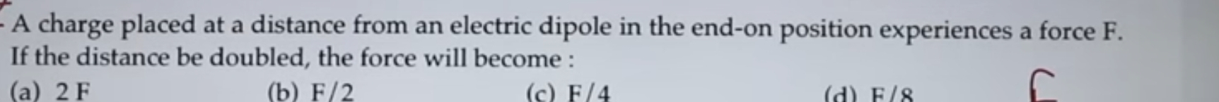 A charge placed at a distance from an electric dipole in the end-on po