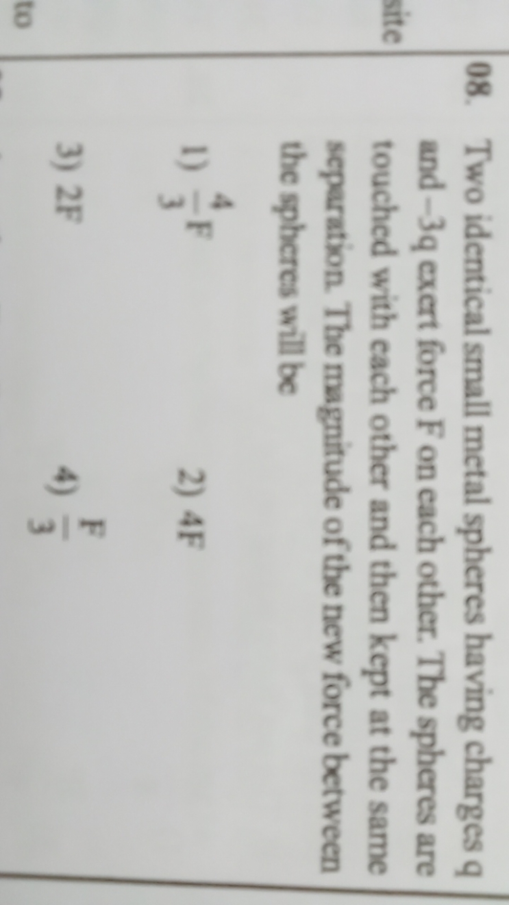 08. Two identical small metal spheres having charges q and −3q exert f