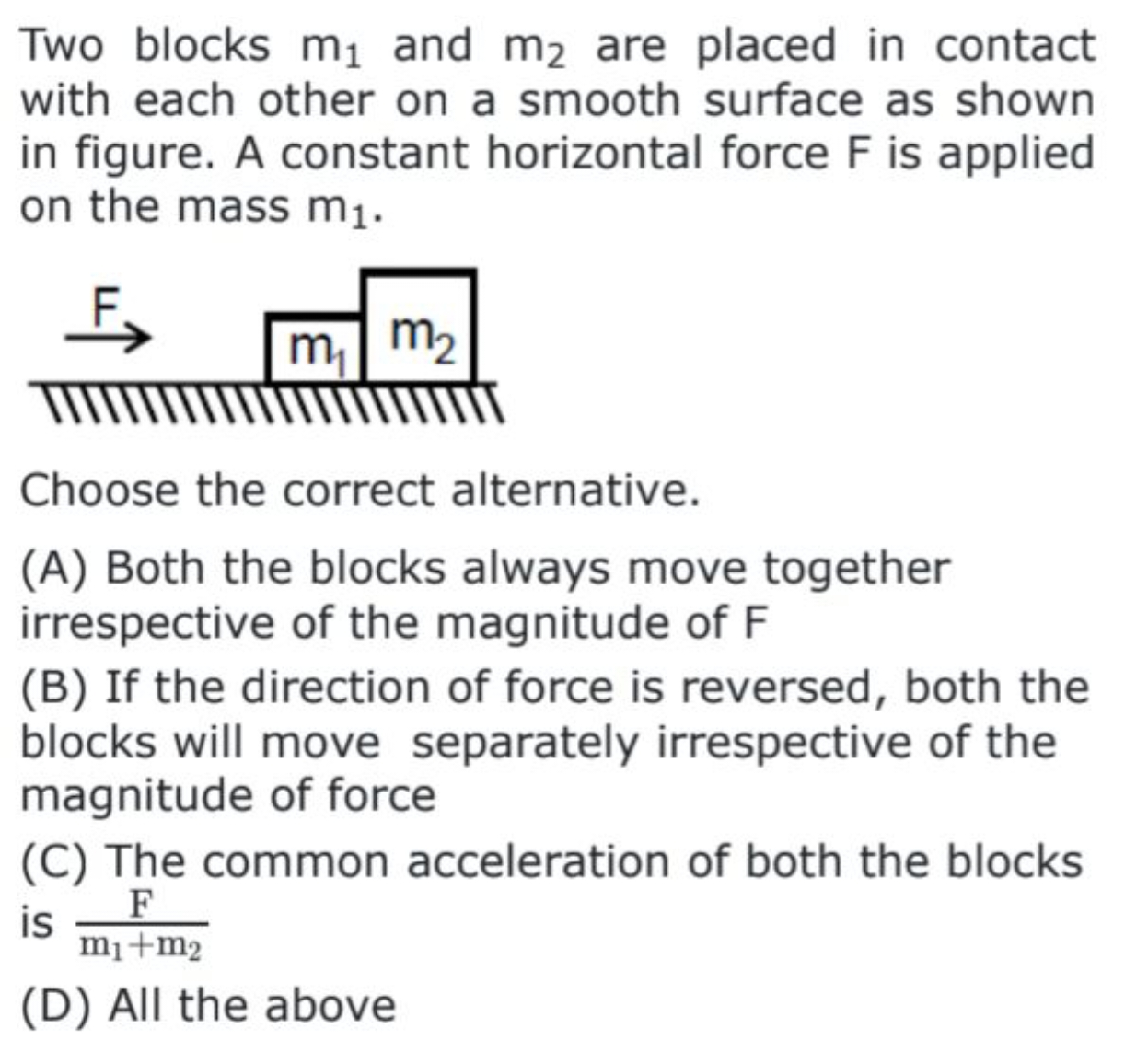 Two blocks m1​ and m2​ are placed in contact with each other on a smoo