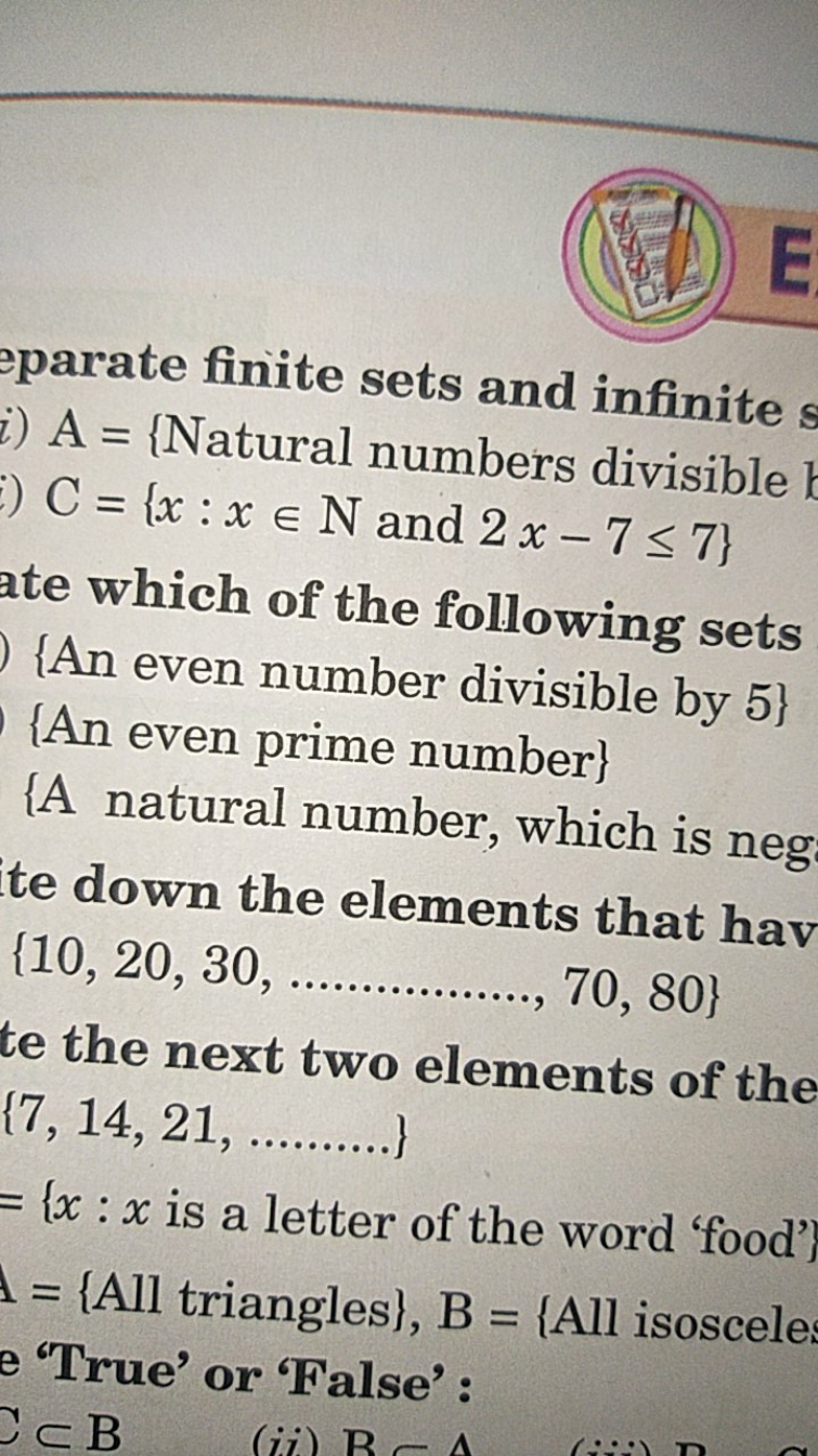 eparate finite sets and infinite
i) A={ Natural numbers divisible
C={x