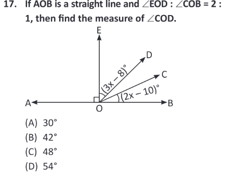 If AOB is a straight line and ∠EOD:∠COB=2 : 1 , then find the measure 