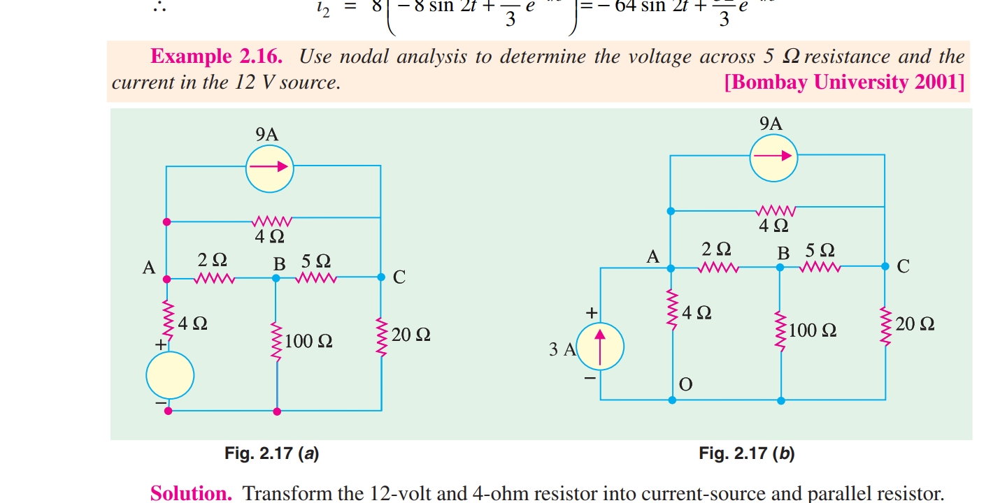 ∴l2​=8(−8sin2t+3​e)=−64sin2t+3π​e
Example 2.16. Use nodal analysis to 