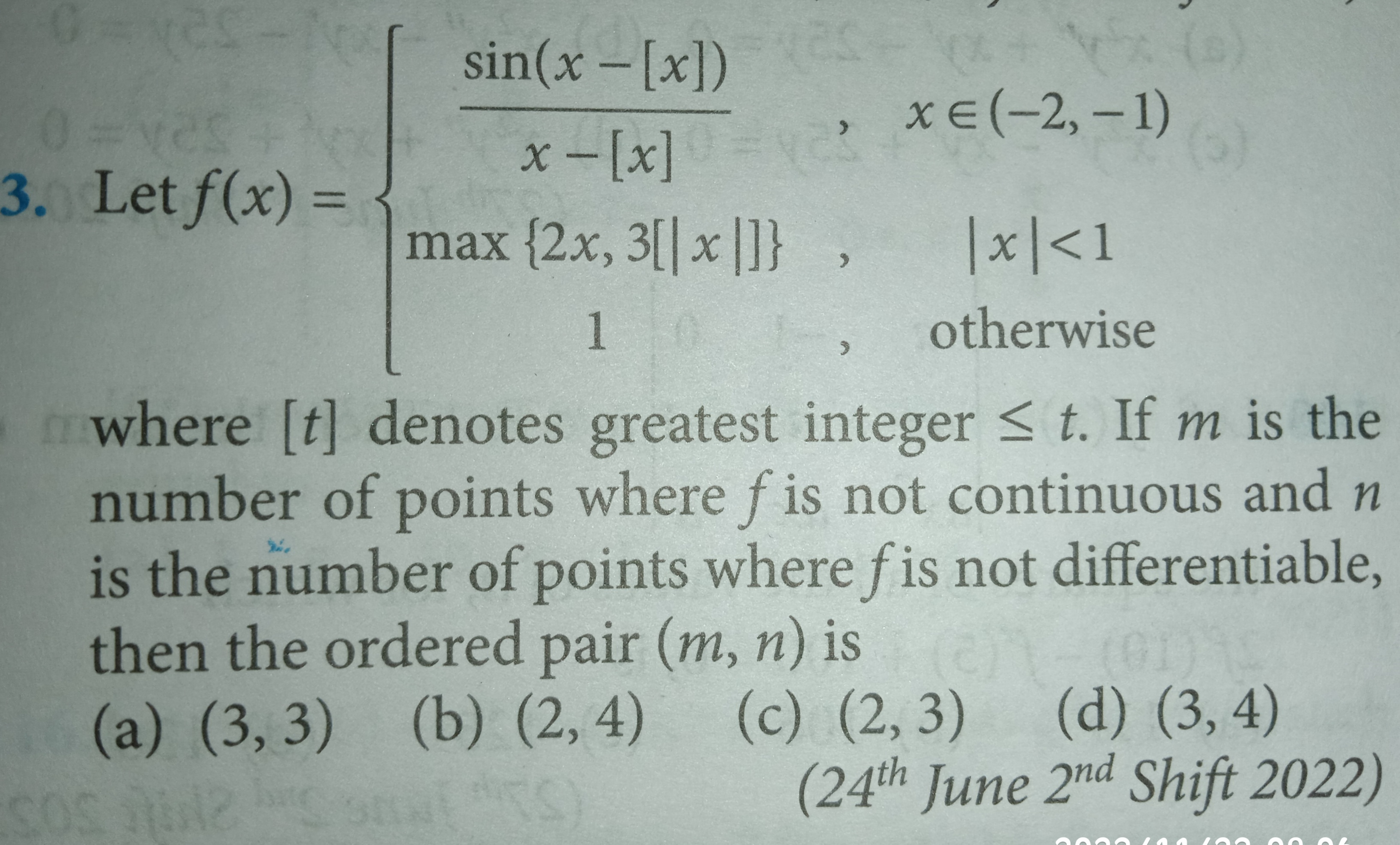 Let f(x)=⎩⎨⎧​x−[x]sin(x−[x])​max{2x,3[∣x∣]}1​,,,​x∈(−2,−1)∣x∣<1 otherw