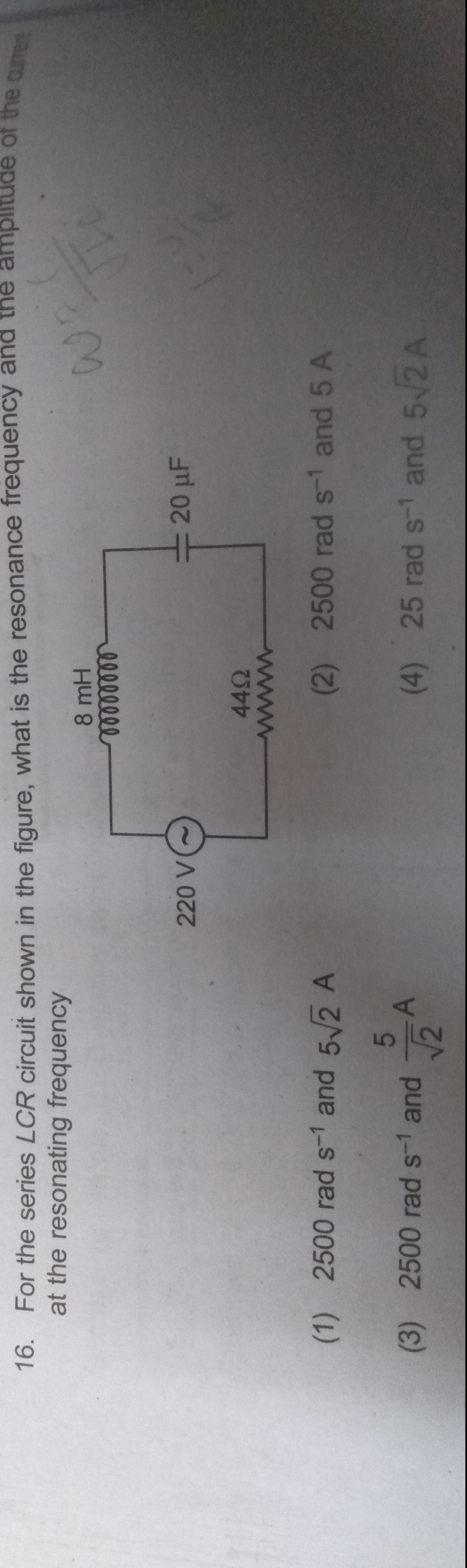 For the series ∠CR circuit shown in the figure, what is the resonance 