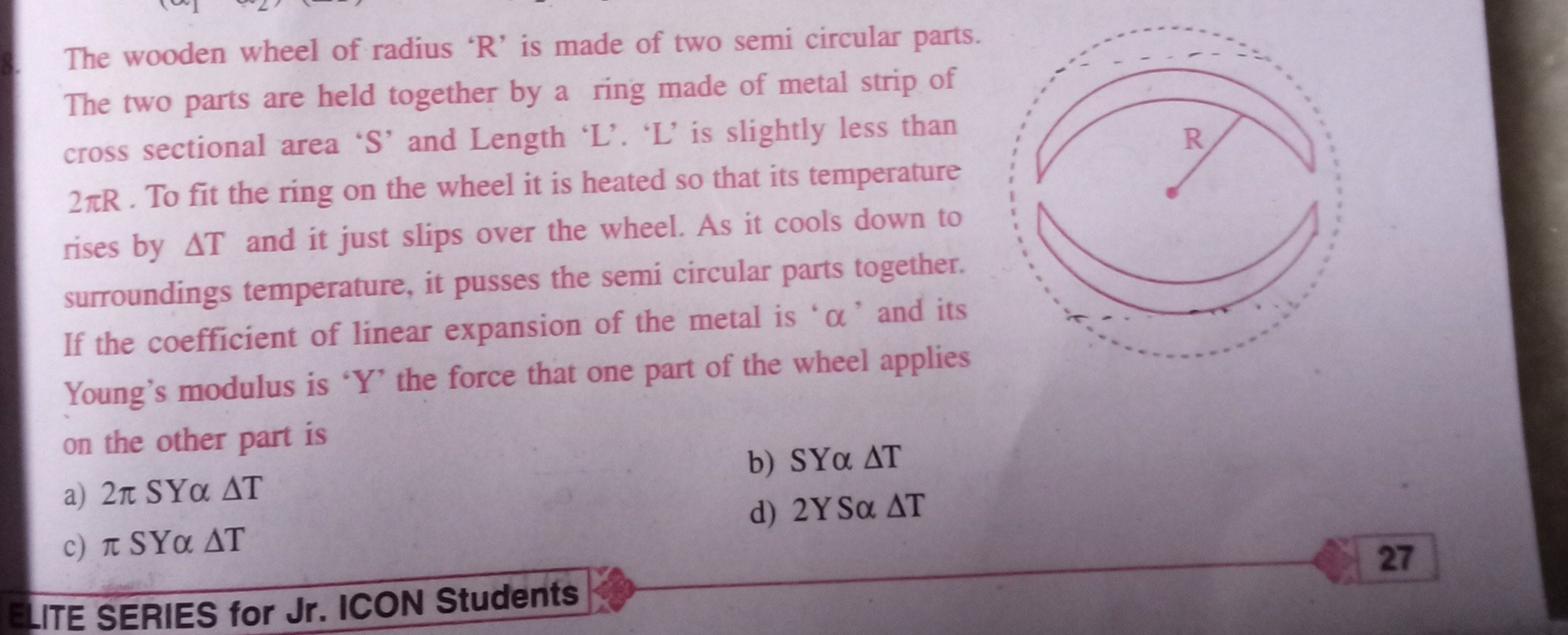 The wooden wheel of radius ' R ' is made of two semi circular parts. T