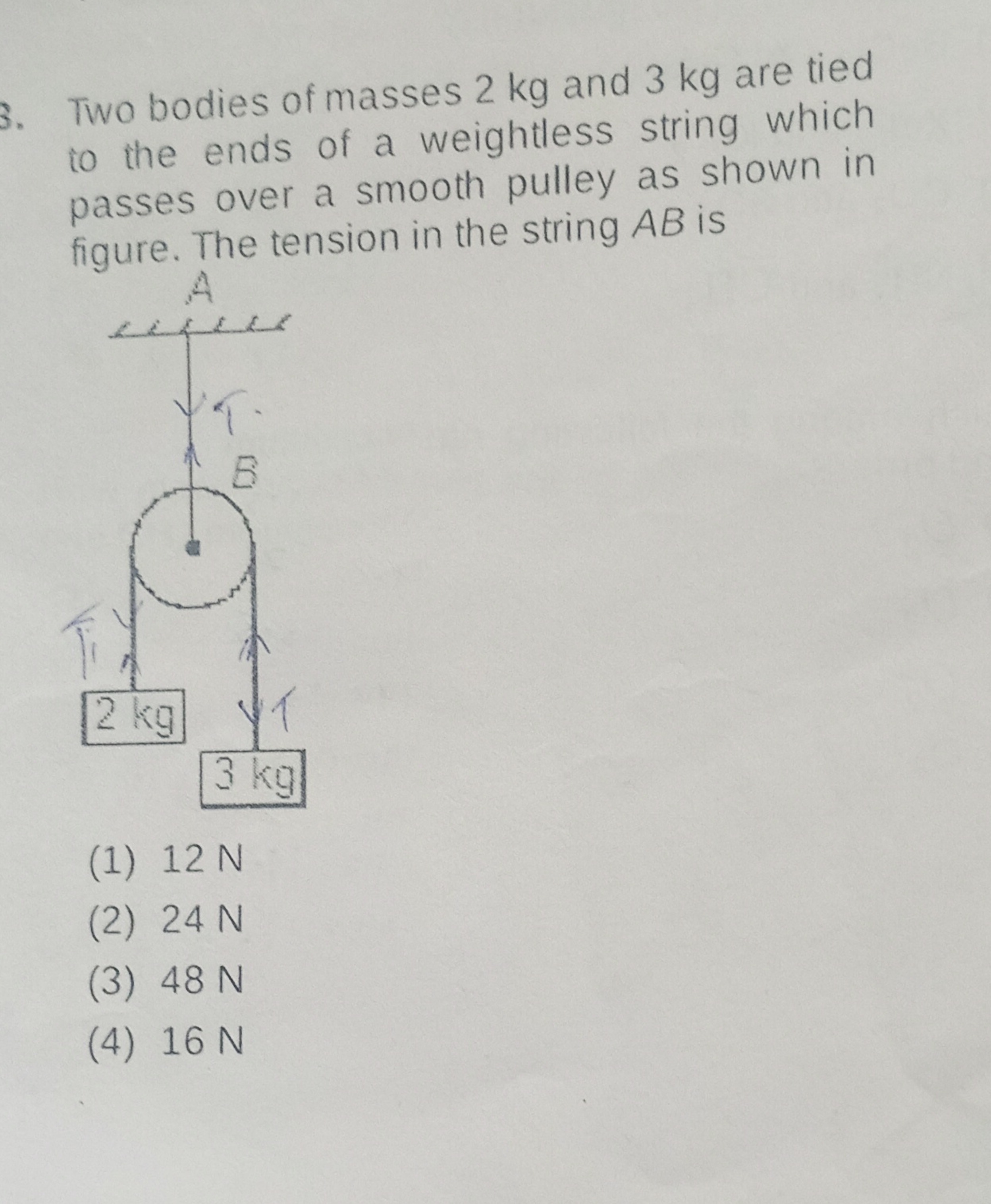 Two bodies of masses 2 kg and 3 kg are tied to the ends of a weightles