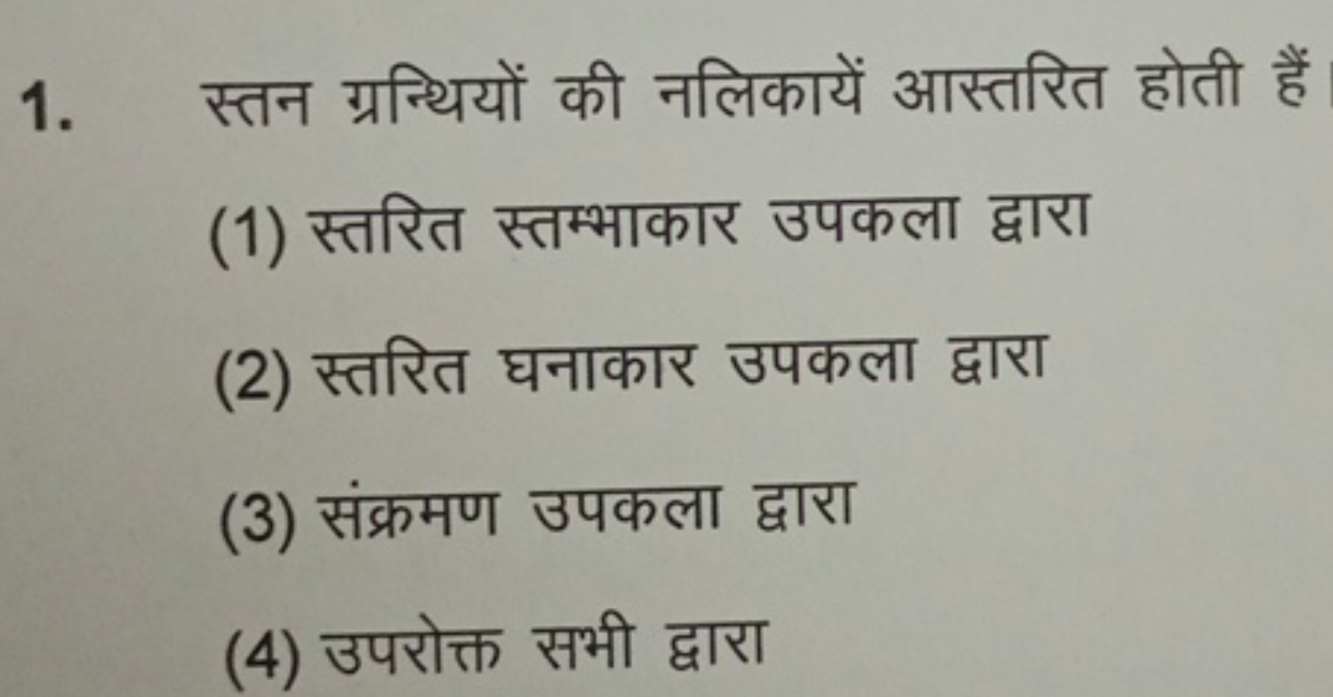 1. स्तन ग्रन्थियों की नलिकायें आस्तरित होती हैं
(1) स्तरित स्तम्भाकार 