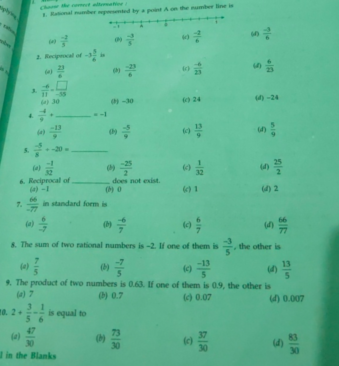 1. Rational number represented by a point A on the number line is
(a) 